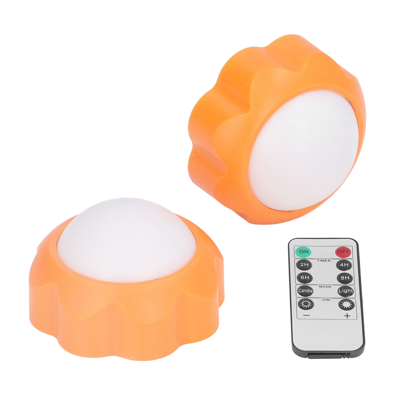 Zwei orange LED-Lichter mit runder weißer Kuppel und eine kleine Fernbedienung auf weißem Hintergrund.