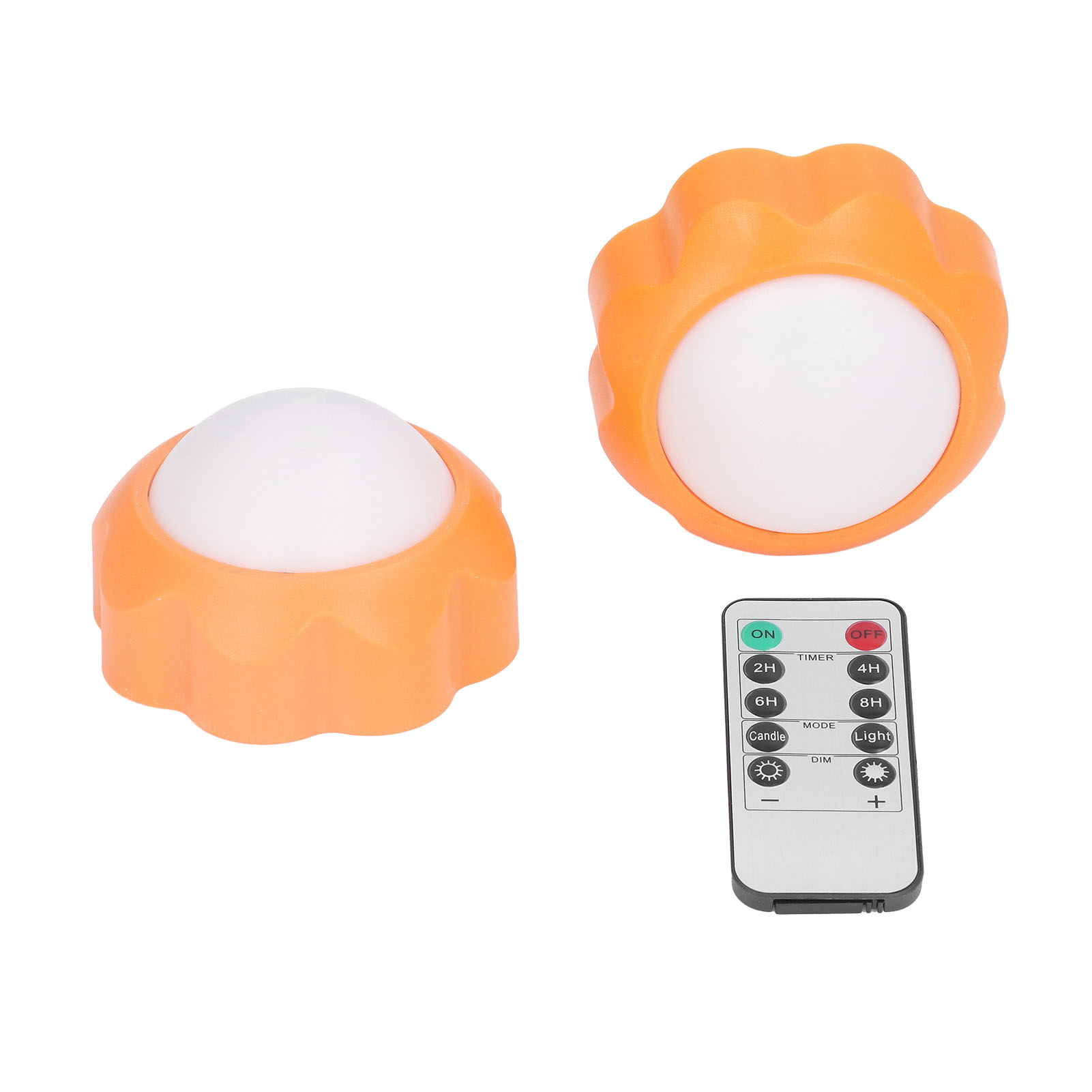 Zwei orange, wellenförmige Nachtlichter mit weißen Kuppeln und einer grauen Fernbedienung auf weißem Hintergrund.