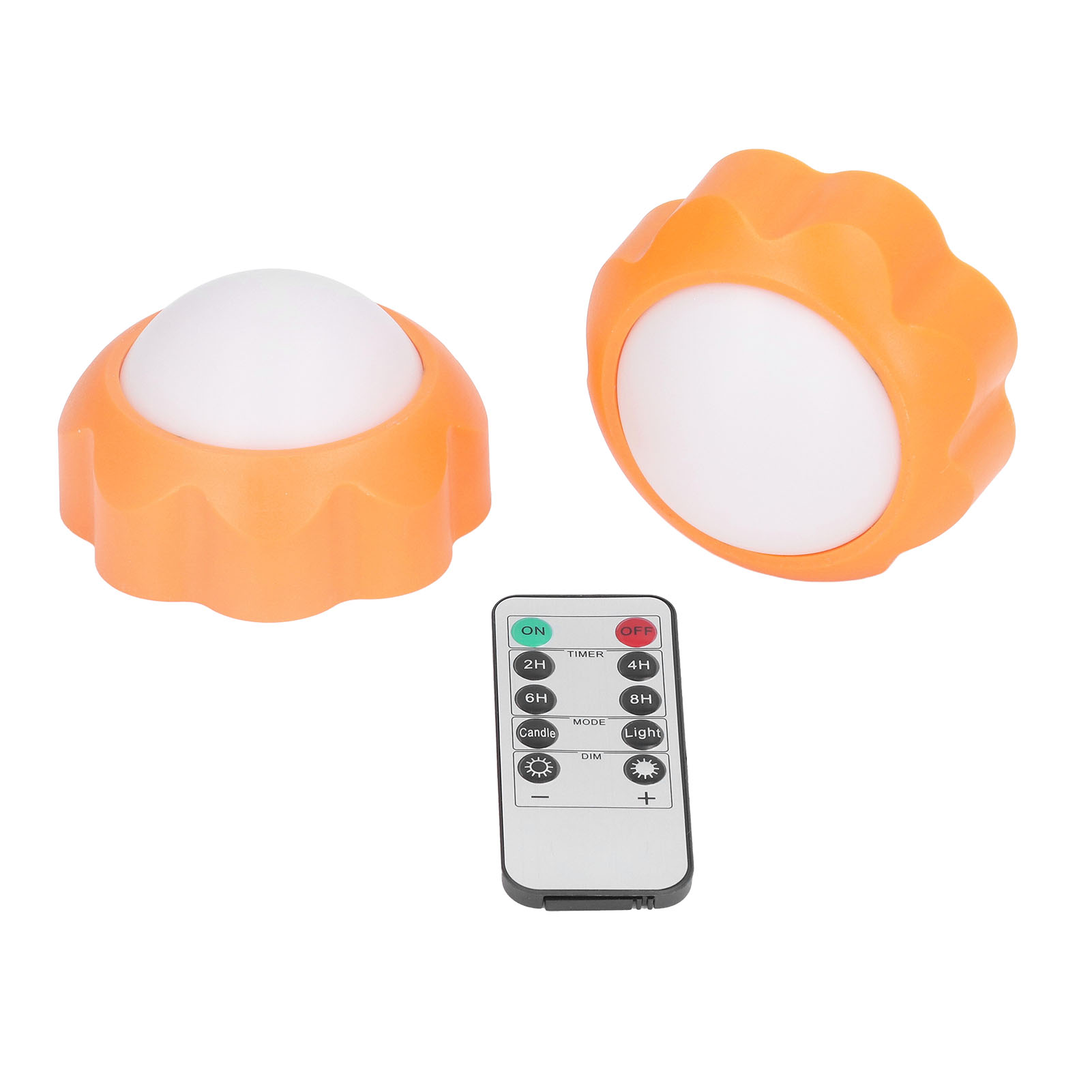 Zwei orange Lampen mit weißem Leuchtkörper und eine kleine Fernbedienung vor weißem Hintergrund.