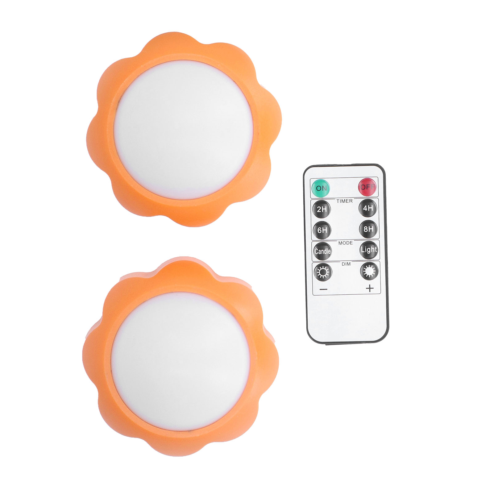 Zwei orange, blütenförmige LED-Leuchten mit weißer Mitte und einer Fernbedienung auf weißem Grund.