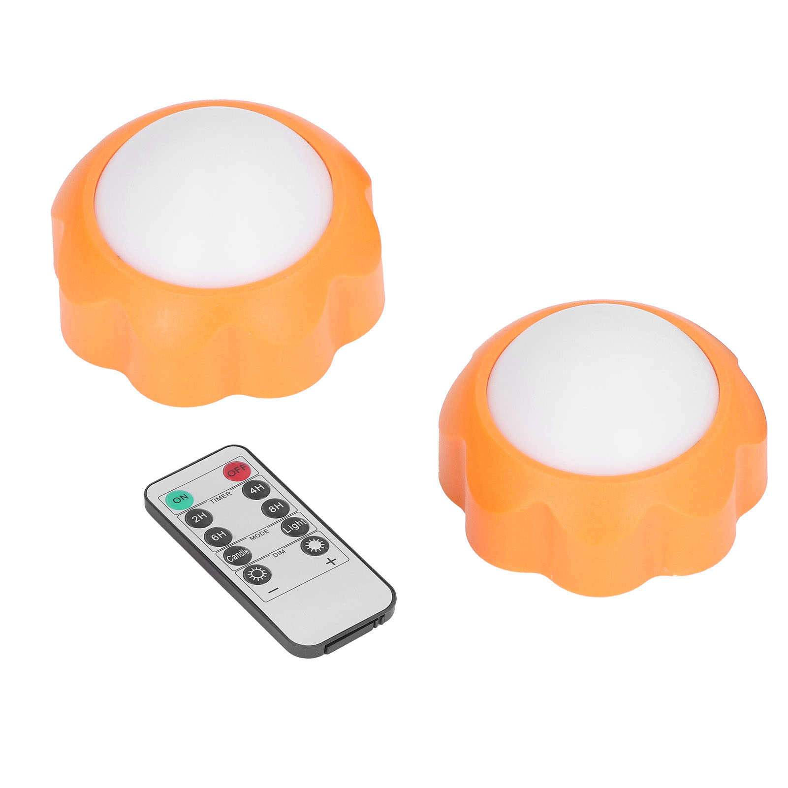 Zwei runde, orangefarbene LED-Leuchten mit weißer Kappe und eine kleine Fernbedienung auf weißem Hintergrund.