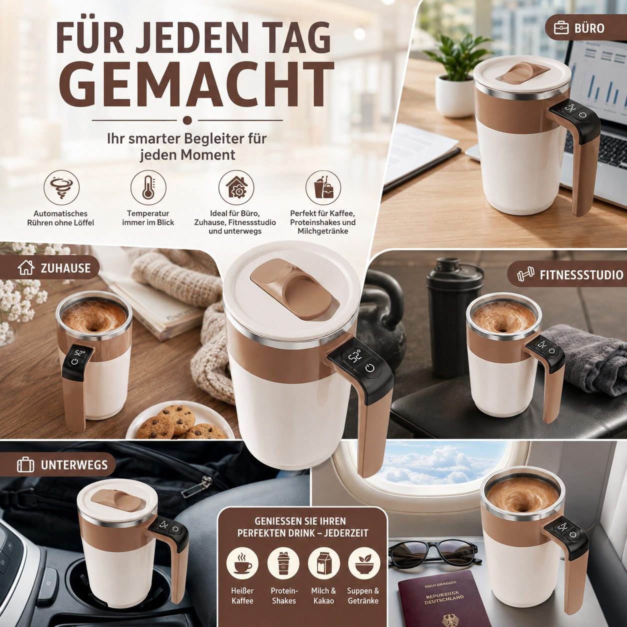 Eine braun-weiße Selbstmisch-Tasse in verschiedenen Alltagsszenen wie Büro, Zuhause, Fitnessstudio und unterwegs.