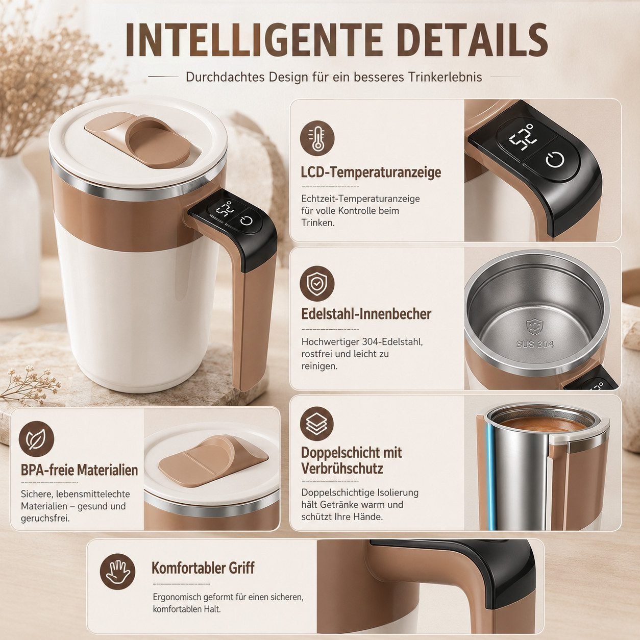 Produktübersicht eines braun-weißen Thermobechers mit LCD-Display, Edelstahleinsatz und ergonomischem Griff.