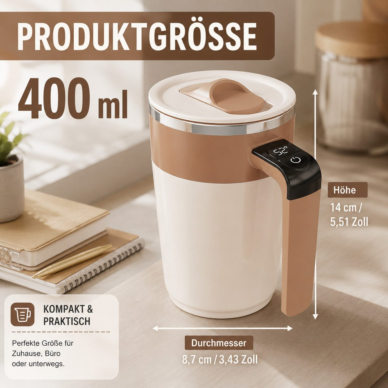 Beige und braune 400ml Thermotasse mit digitaler Temperaturanzeige, Maßangaben und Notizbuch im Hintergrund.