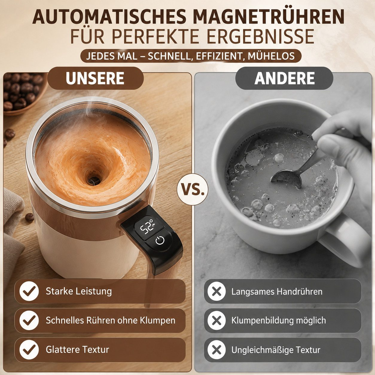Vergleichsanzeige eines magnetischen Selbstrührbechers mit Wirbel gegenüber manuellem Löffelrühren.