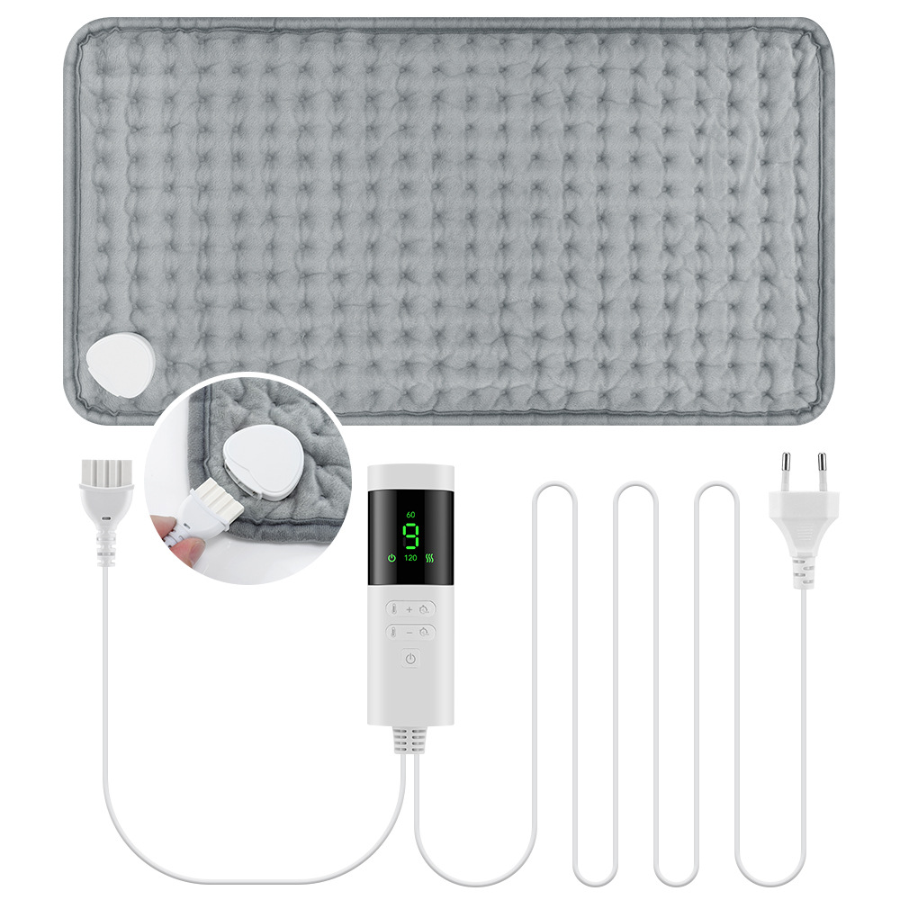 Graues, gestepptes Heizkissen mit abnehmbarem Regler und weißem Netzkabel.