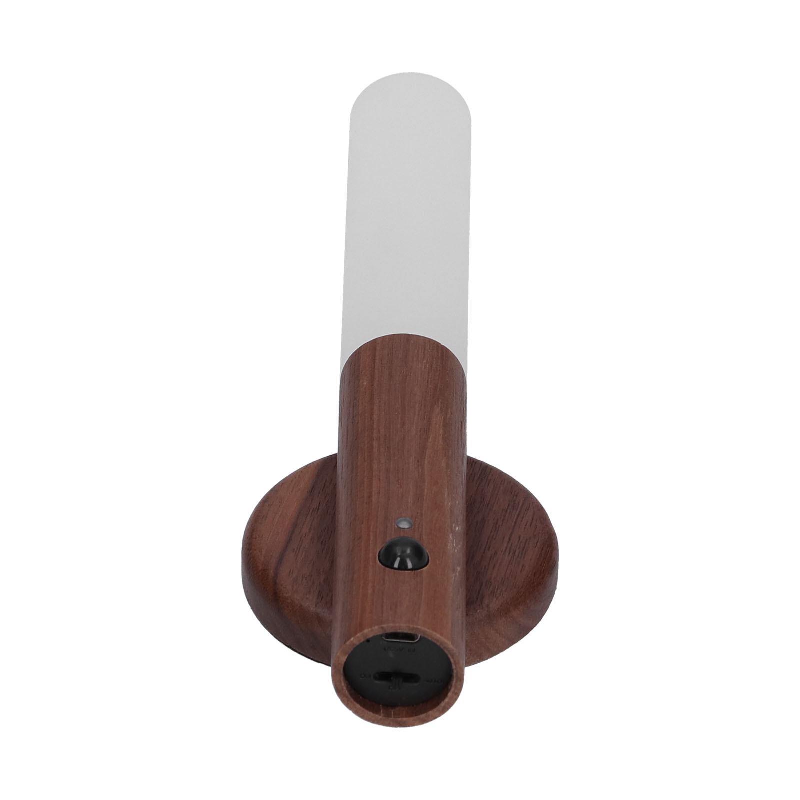 Eine zylindrische Wandleuchte aus Holz mit Milchglas und Sensor auf rundem Sockel vor weißem Hintergrund.
