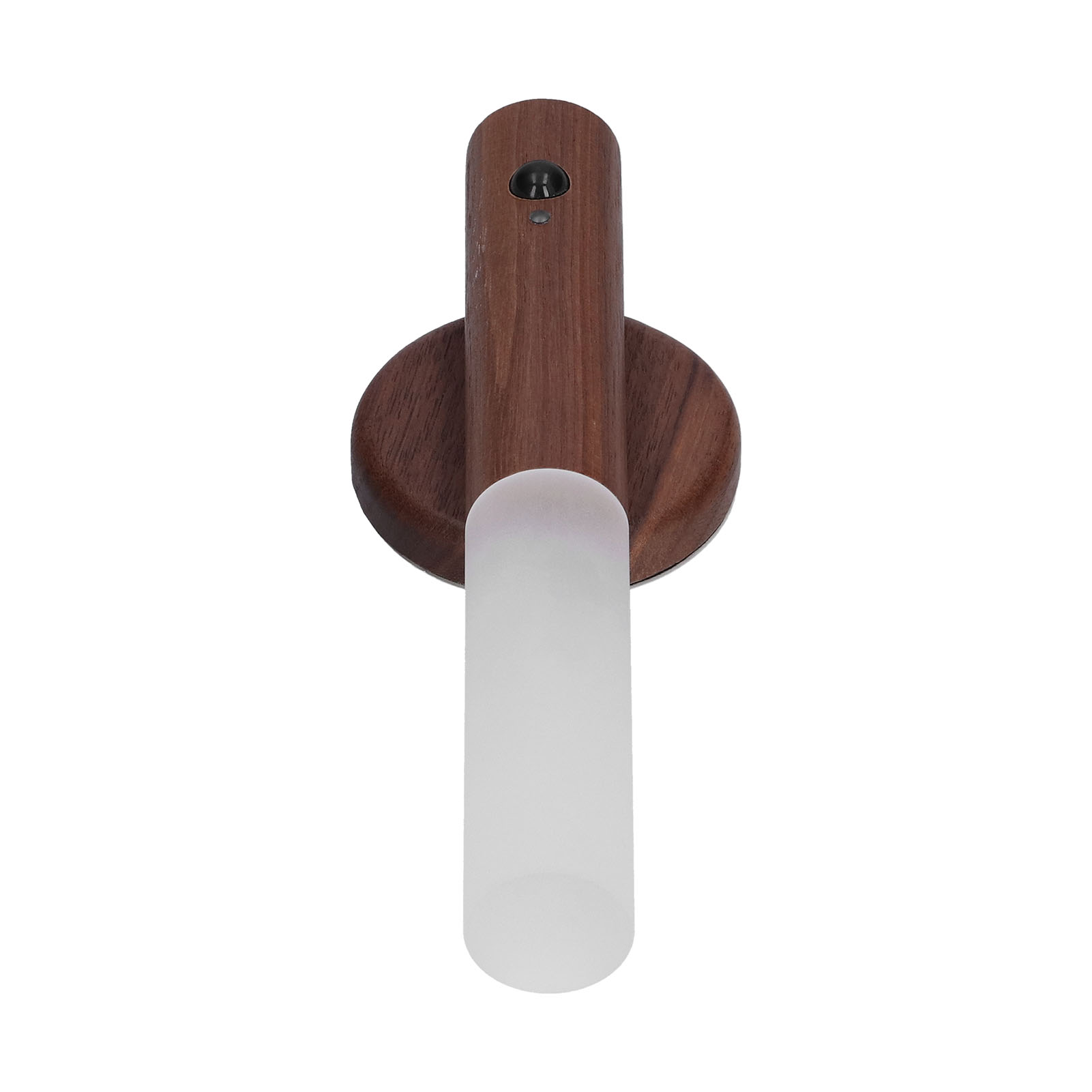 Wandleuchte aus Holz mit zylindrischem, mattiertem Glas und schwarzem Sensor oben auf einem runden Sockel.