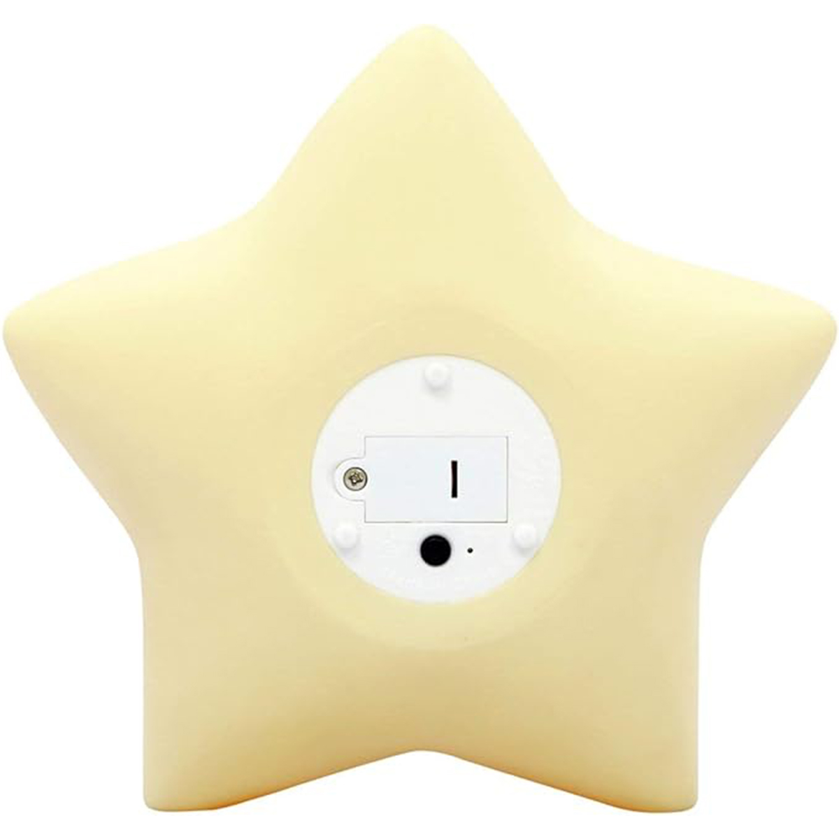 Rückseite einer sternförmigen Lampe mit einem weißen Batteriefach und einem kleinen schwarzen Schalter.
