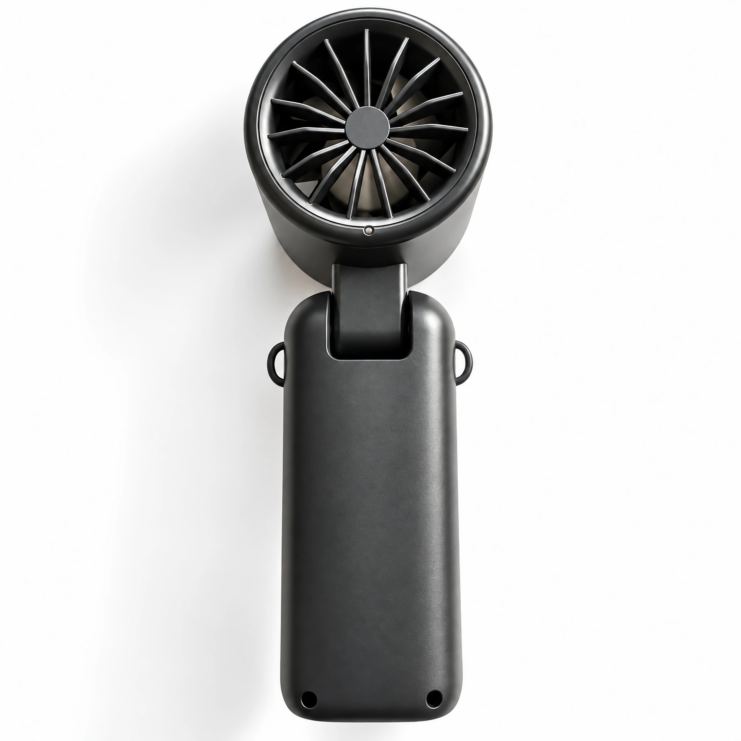 Ein schwarzer tragbarer Handventilator mit rundem Schaufelkopf und rechteckigem Griff auf weißem Hintergrund.