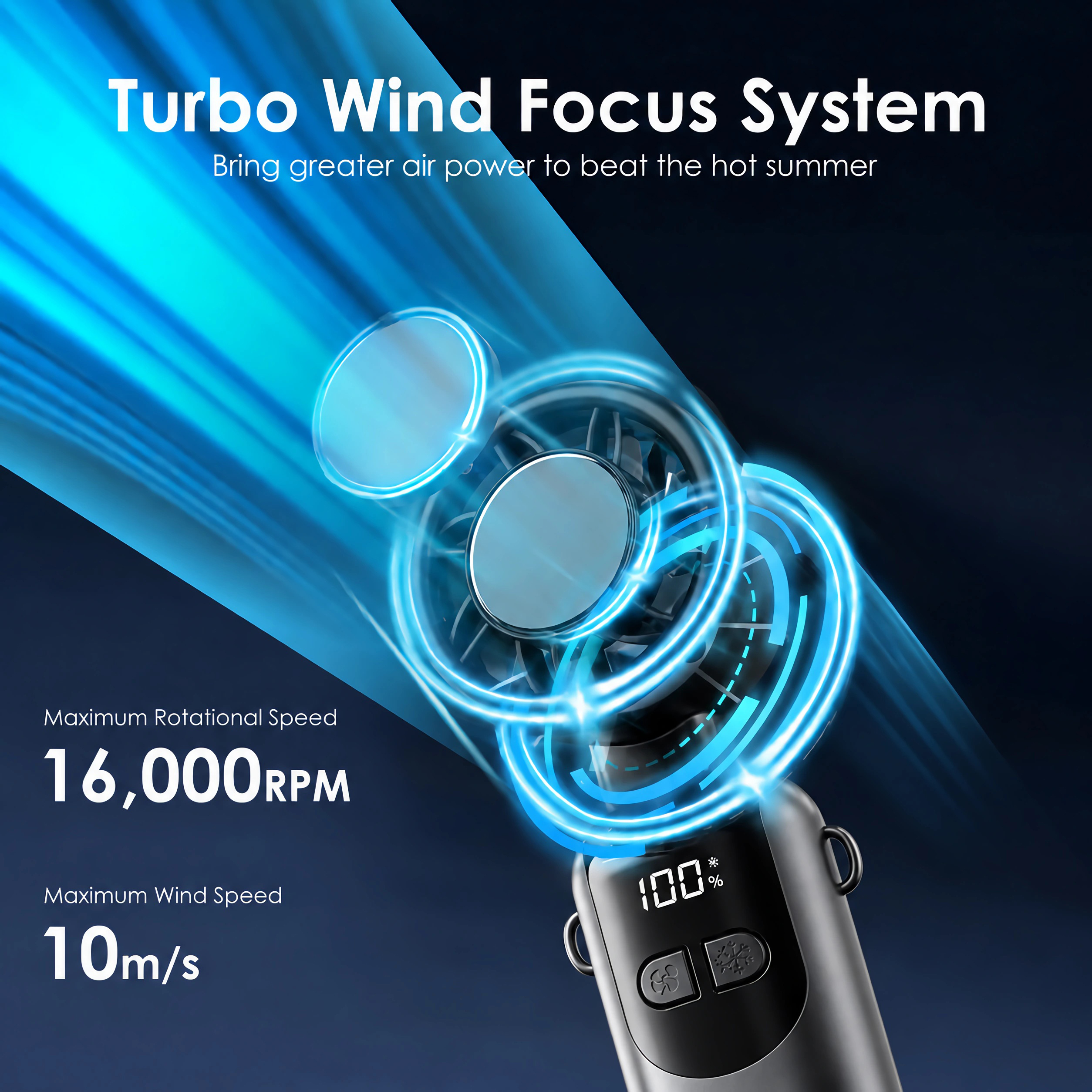 Ein tragbarer Ventilator mit Turbo Wind System zeigt 16.000 RPM und 10m/s Windgeschwindigkeit.