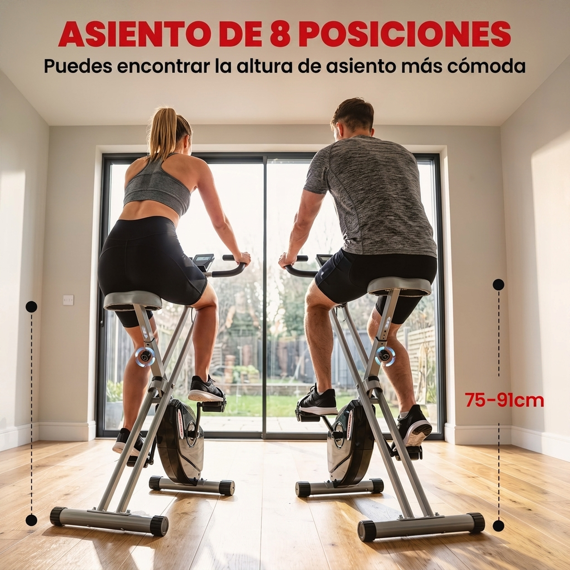 Un hombre y una mujer entrenan en bicicletas estáticas con altura de asiento ajustable.