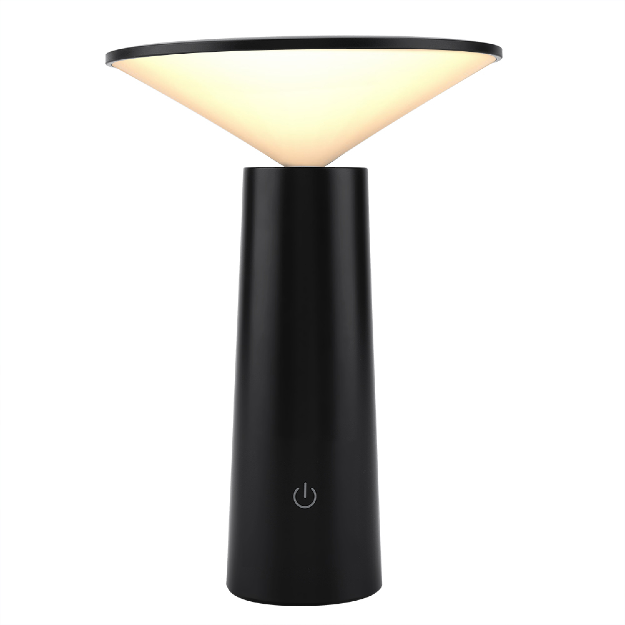 Moderne schwarze Tischlampe mit einem kegelförmigen Leuchtschirm und einem Power-Symbol auf der Vorderseite.