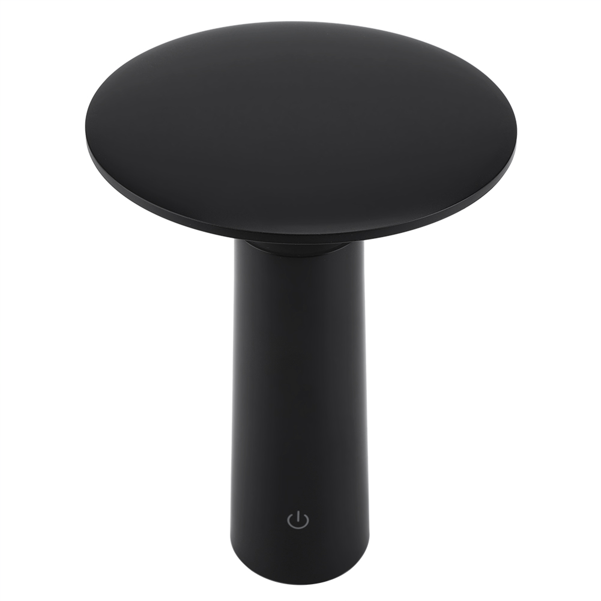 Eine matte, schwarze Tischlampe mit einem runden Schirm und einem zylindrischen Fuß, auf dem ein Einschaltsymbol prangt.
