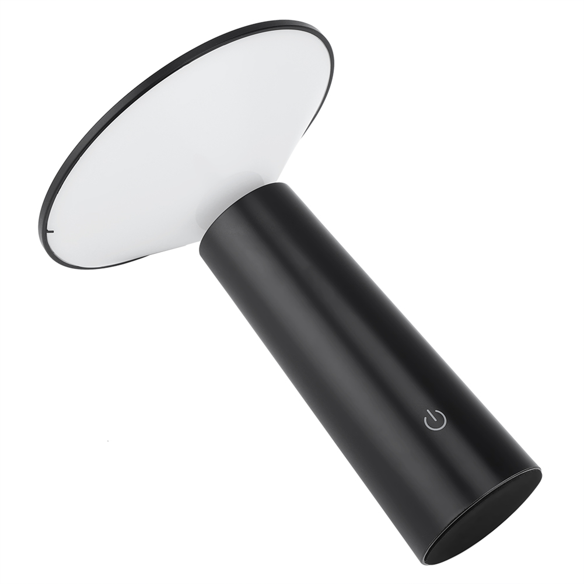 Eine moderne schwarze tragbare Lampe mit einem flachen, runden, weißen Lichtkopf und einem Ein-Aus-Knopf am Griff.