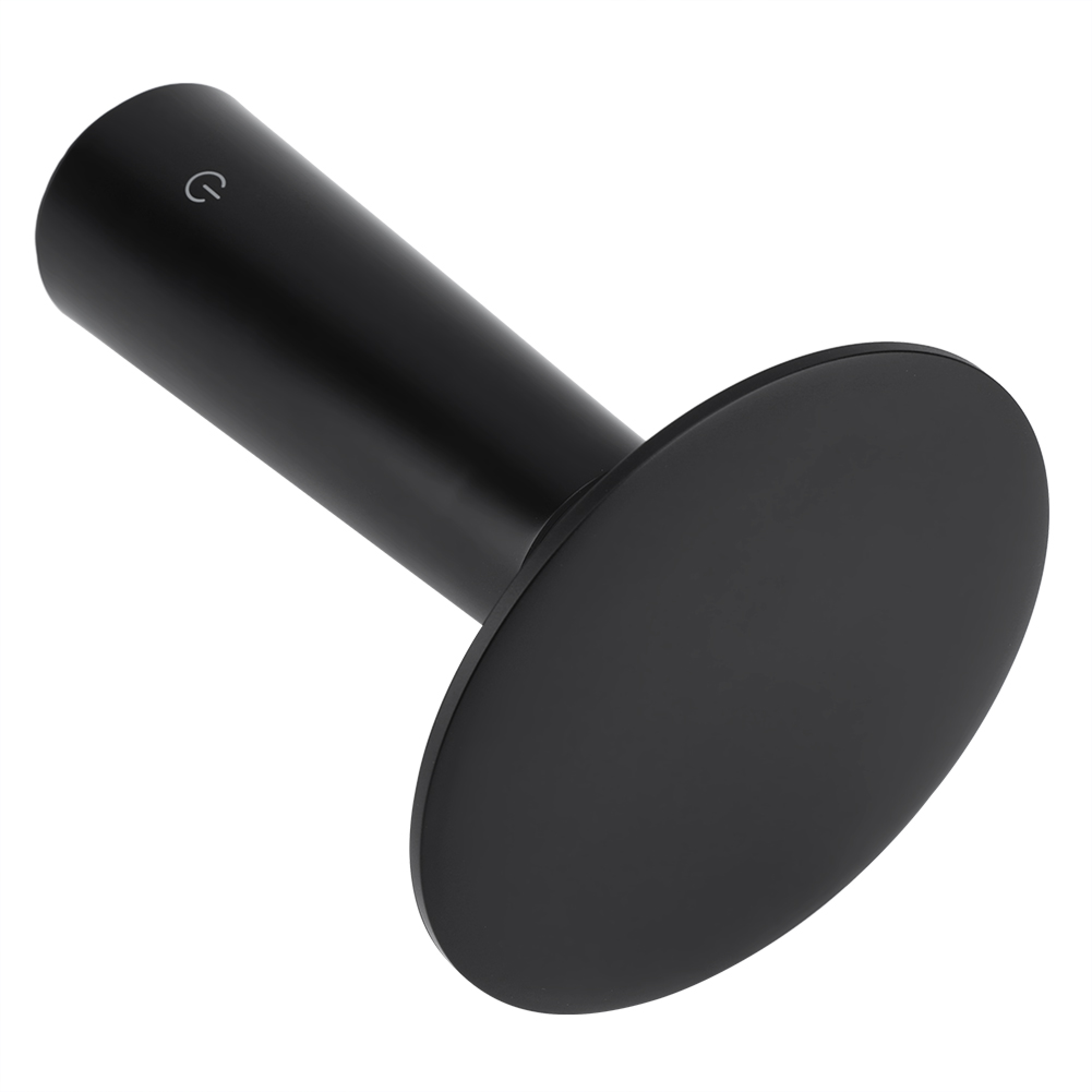 Ein schwarzes Handgerät mit einem runden Kopf und Ein-Aus-Symbol auf weißem Hintergrund.