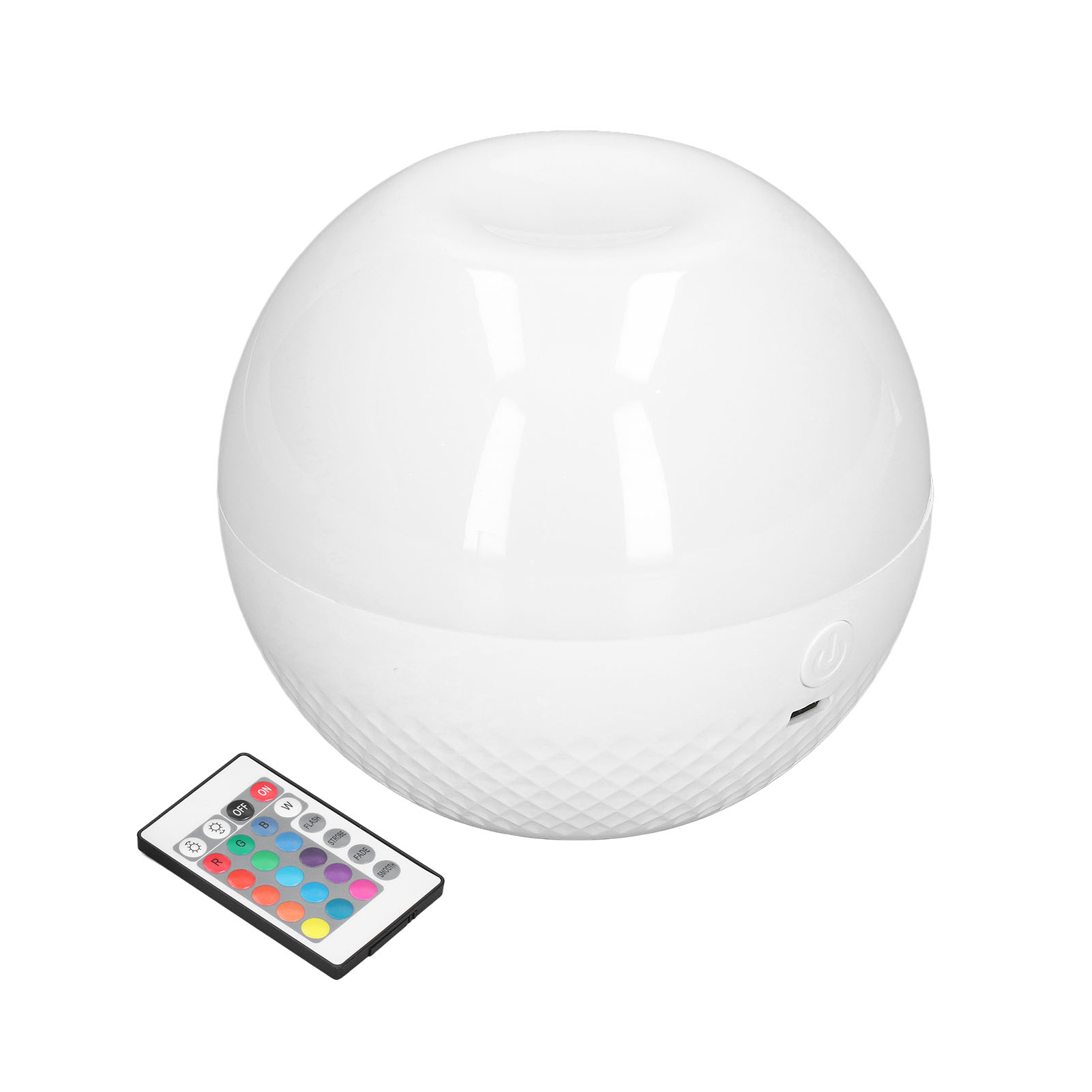 Eine weiße, kugelförmige Lampe mit einer Fernbedienung auf weißem Hintergrund.