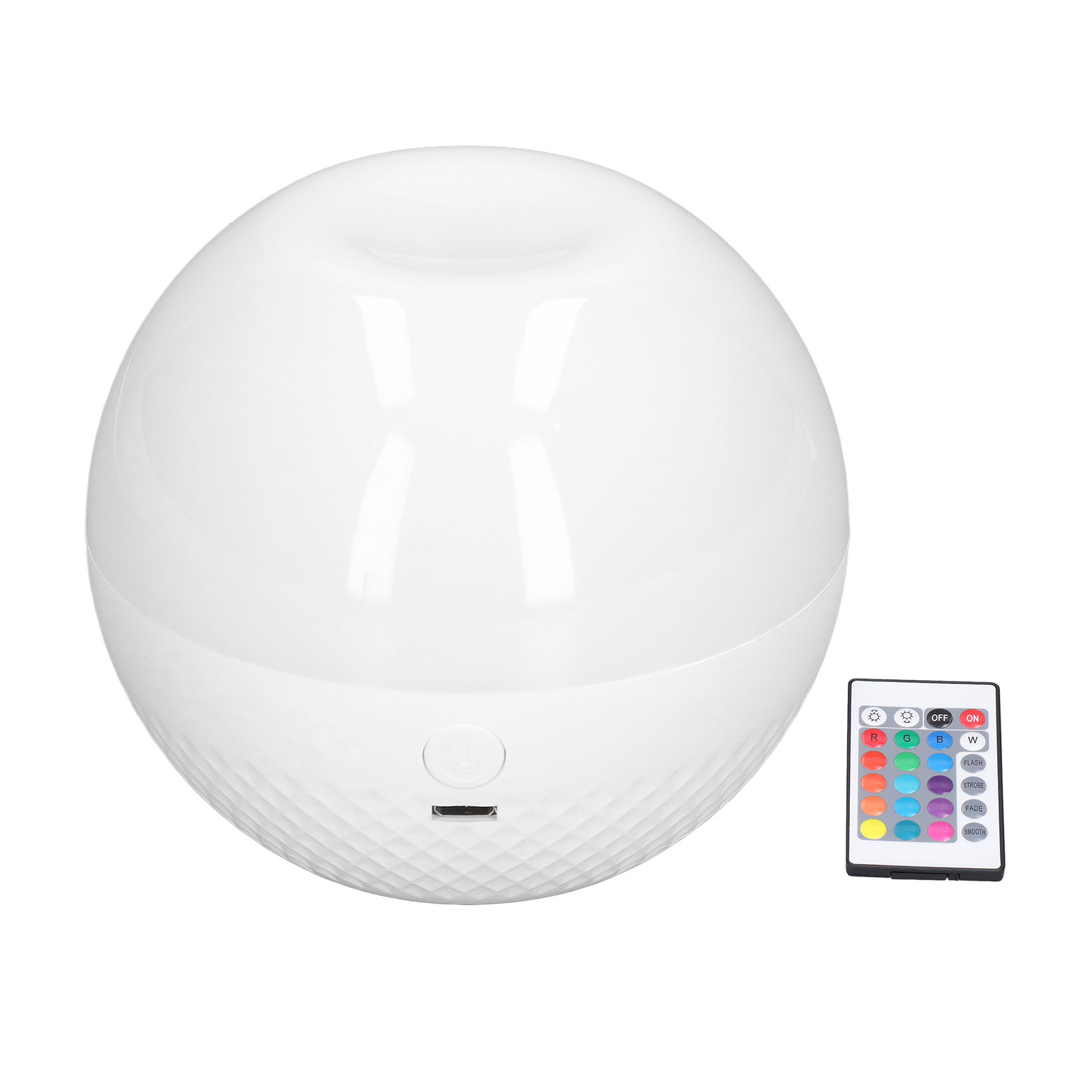Weißer, kugelförmiger Diffusor mit Netzschalter, USB-Anschluss und kleiner Fernbedienung.