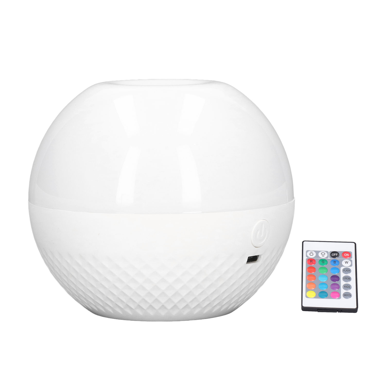 Eine weiße kugelförmige Diffusorlampe mit unterem Rautenmuster, USB-Anschluss, Einschalttaste und kleiner Fernbedienung.