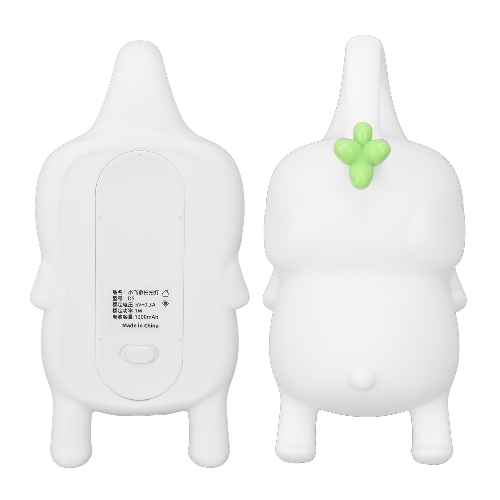 Zwei Ansichten einer weißen, elefantenförmigen Silikonlampe mit grünem Clover-Detail auf weißem Hintergrund.