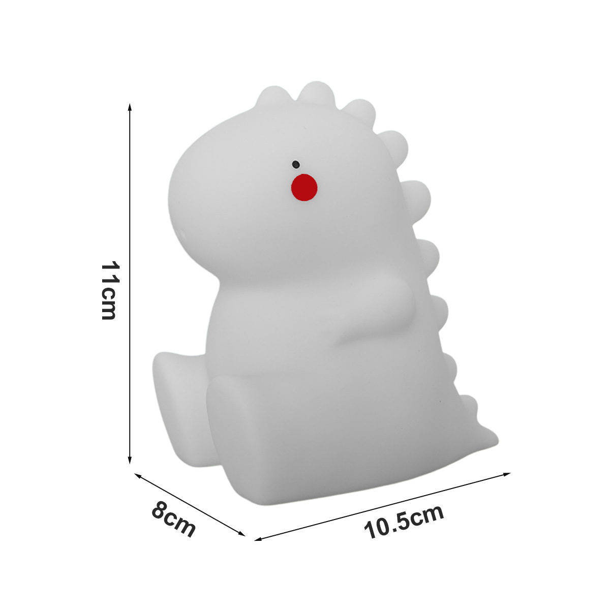 Weißes, sitzendes Dinosaurier-Nachtlicht mit Maßangaben von 11cm Höhe, 8cm Breite und 10.5cm Länge.