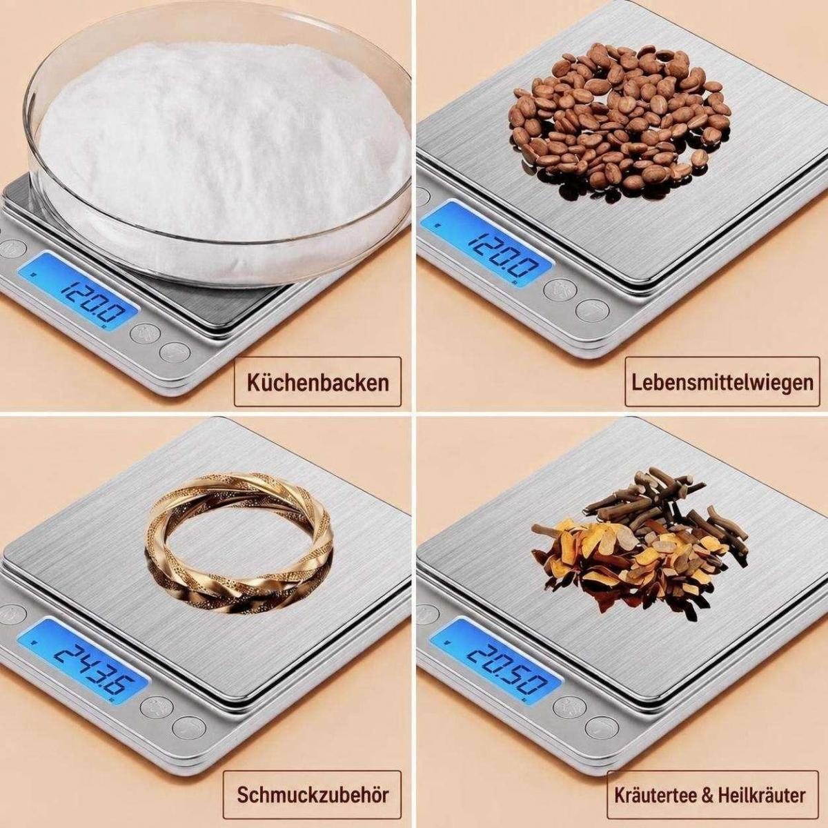 Vier Bilder von digitalen Küchenwaagen mit verschiedenen Gegenständen wie Mehl, Kaffeebohnen, Schmuck und Kräutern.