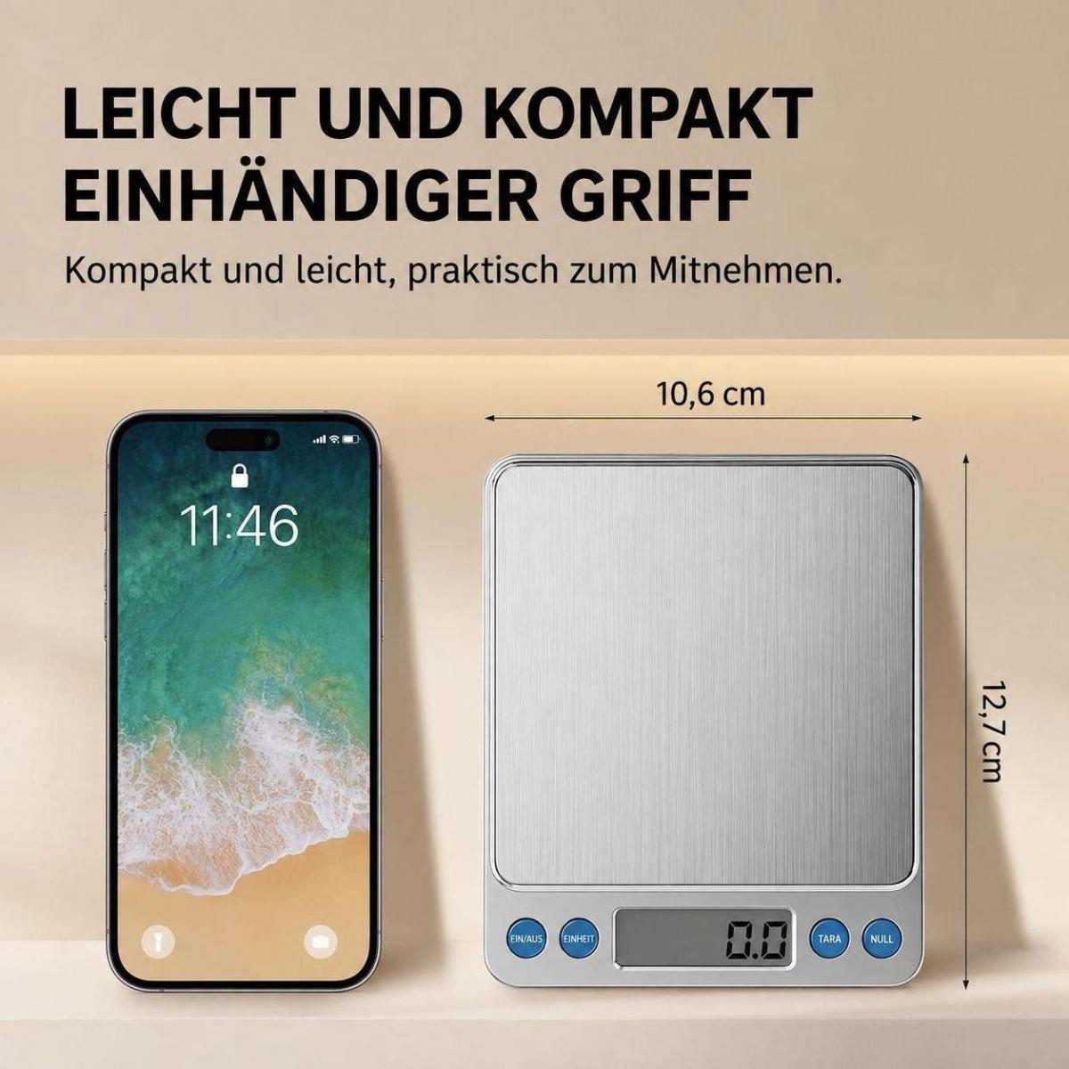 Ein Smartphone neben einer digitalen Küchenwaage mit Maßangaben und deutschem Werbetext.