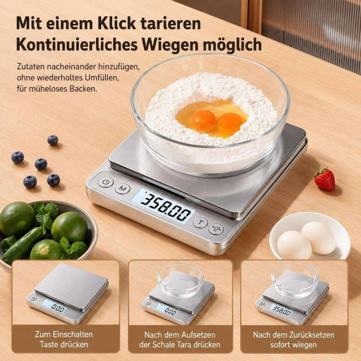 YEMASTER 0,1g Edelstahl 2000g Tara-Funktion Wasserdicht Digital Küchenwaage (Max. Tragkraft: 2000 g
