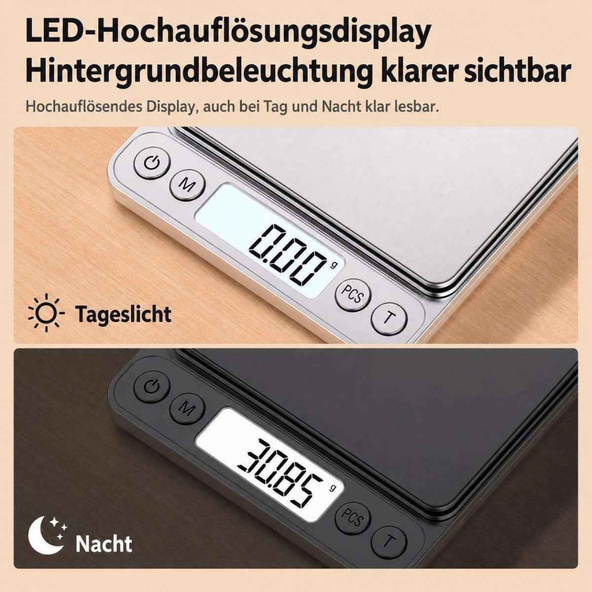 Digitale Küchenwaage mit klarem LED-Display, Tag- und Nachtansicht.