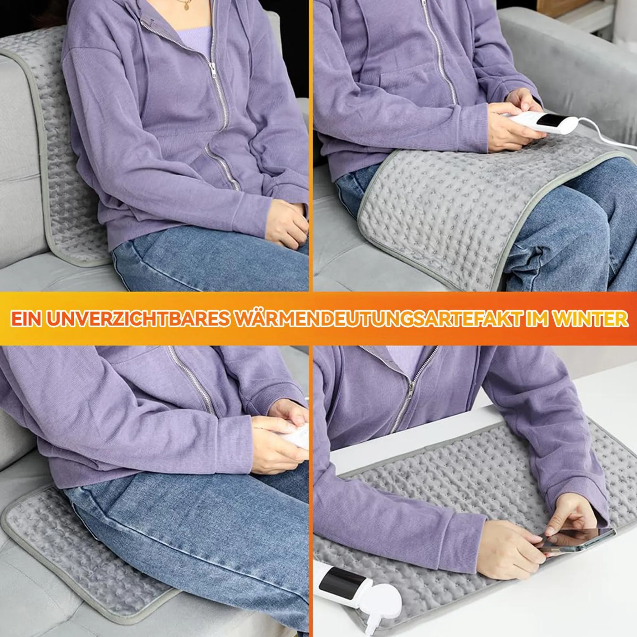 Eine Person im lila Hoodie nutzt ein Heizkissen auf vier verschiedene Arten auf dem Sofa.
