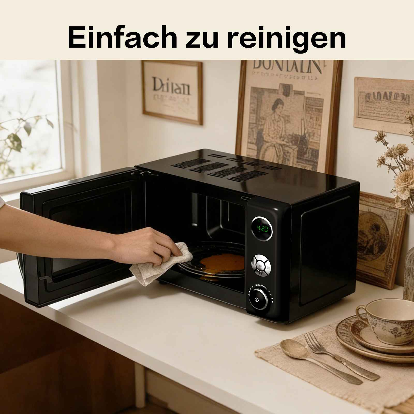 Eine Hand wischt das Innere einer schwarzen Mikrowelle auf einem hellen Tisch sauber.