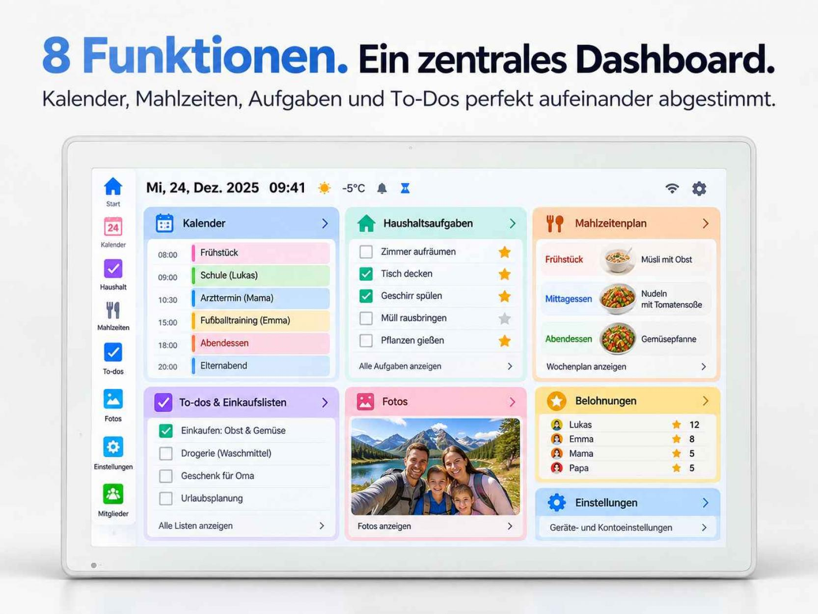 Ein zentrales Dashboard zeigt Funktionen wie Kalender, Aufgaben, Mahlzeiten und Fotos auf einem Tablet.