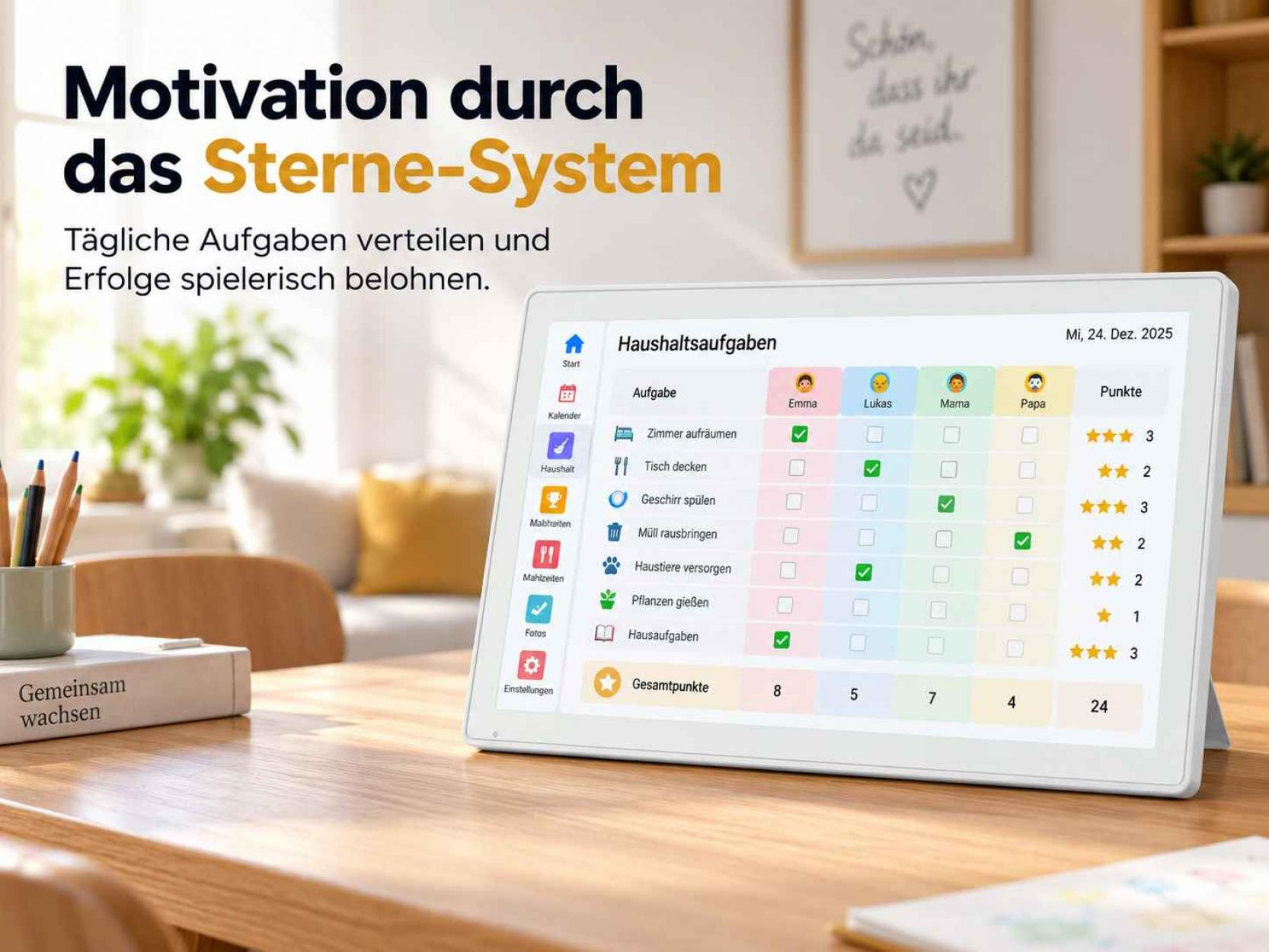 Ein Tablet auf einem Holztisch zeigt eine Haushaltsaufgaben-App mit Namen und Punktetabellen für Familienmitglieder.