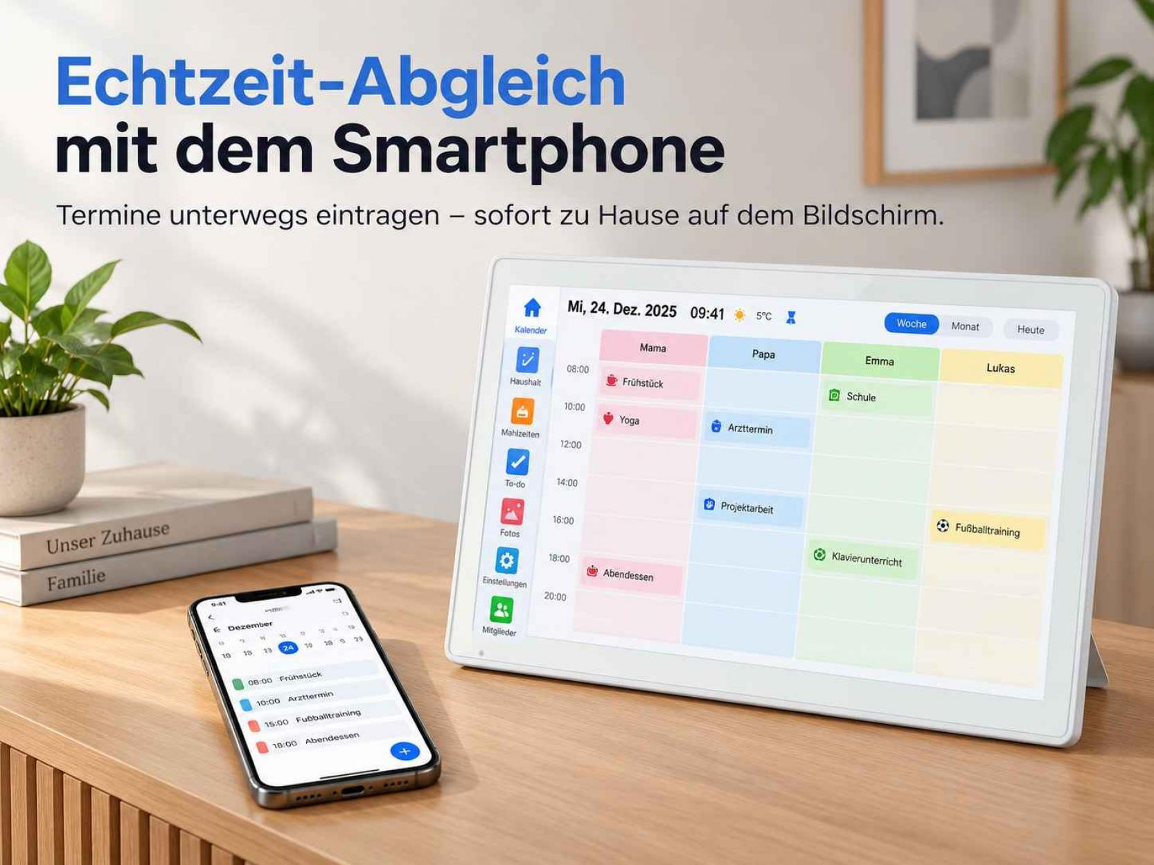 Ein Smart-Display und ein Smartphone zeigen synchronisierte Familienkalender auf einem Holztisch.