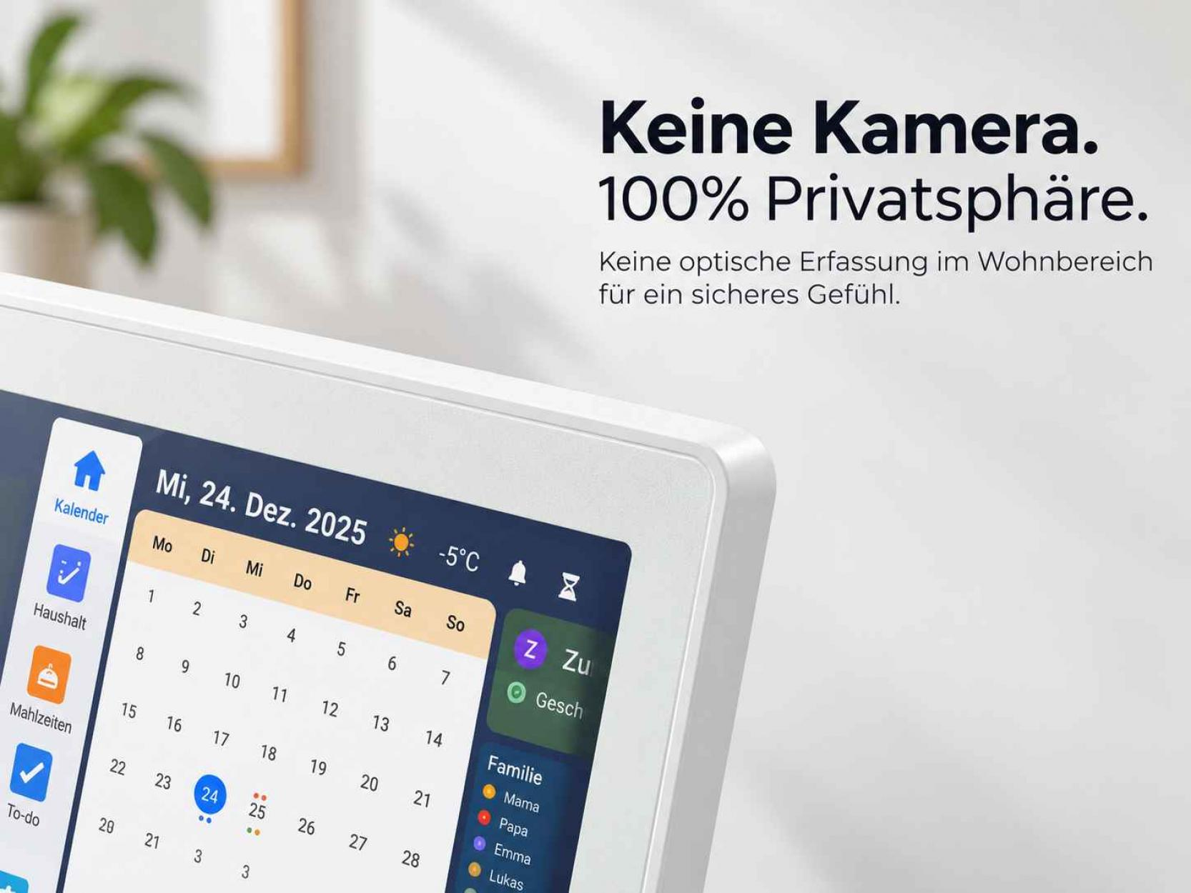 Ein Smart-Display zeigt einen Dezember-2025-Kalender. Text betont Datenschutz ohne Kamera.