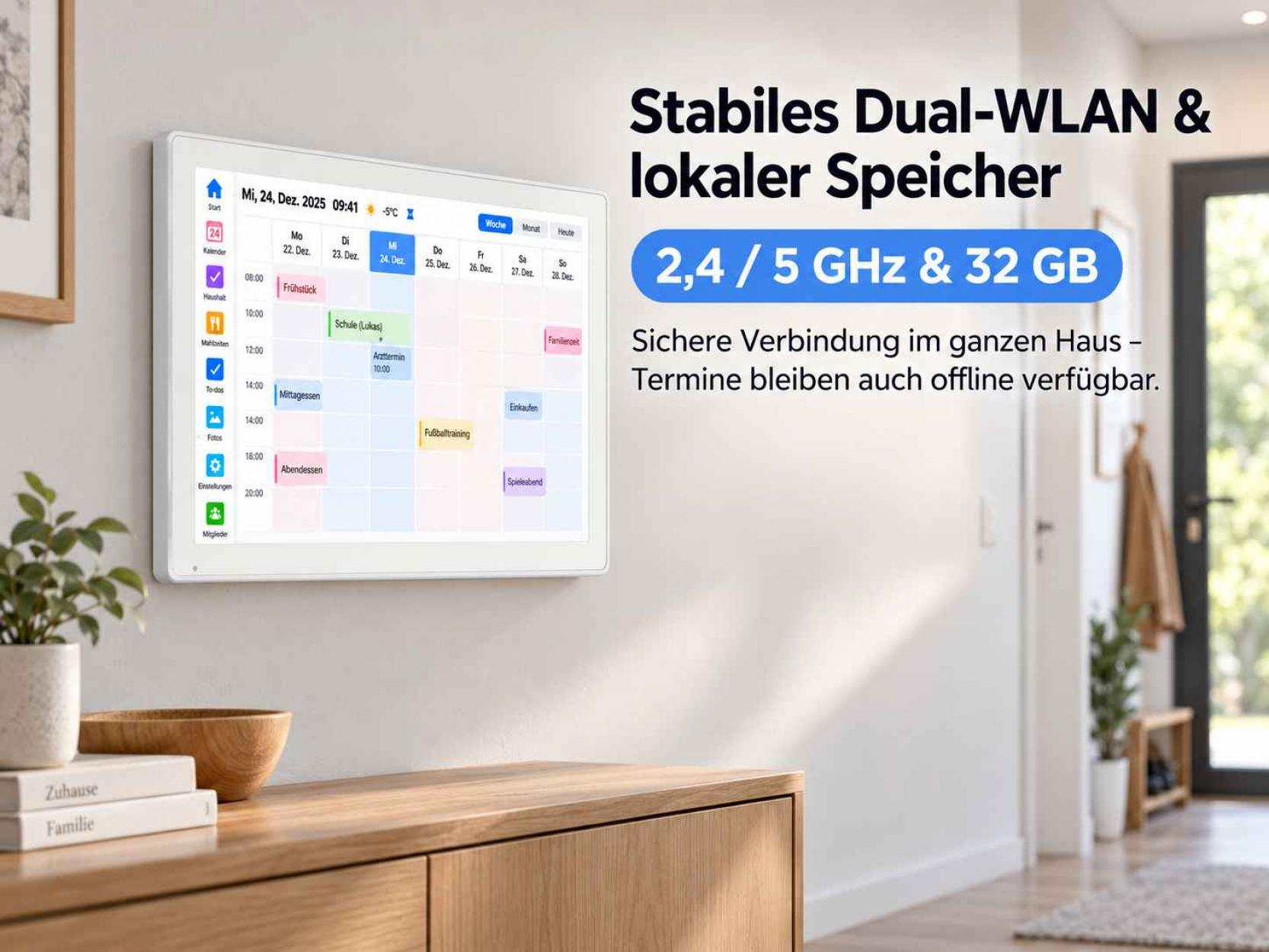 Ein weißes Wanddisplay zeigt einen Kalender mit Terminen. Rechts daneben Text zu Dual-WLAN und lokalem Speicher.