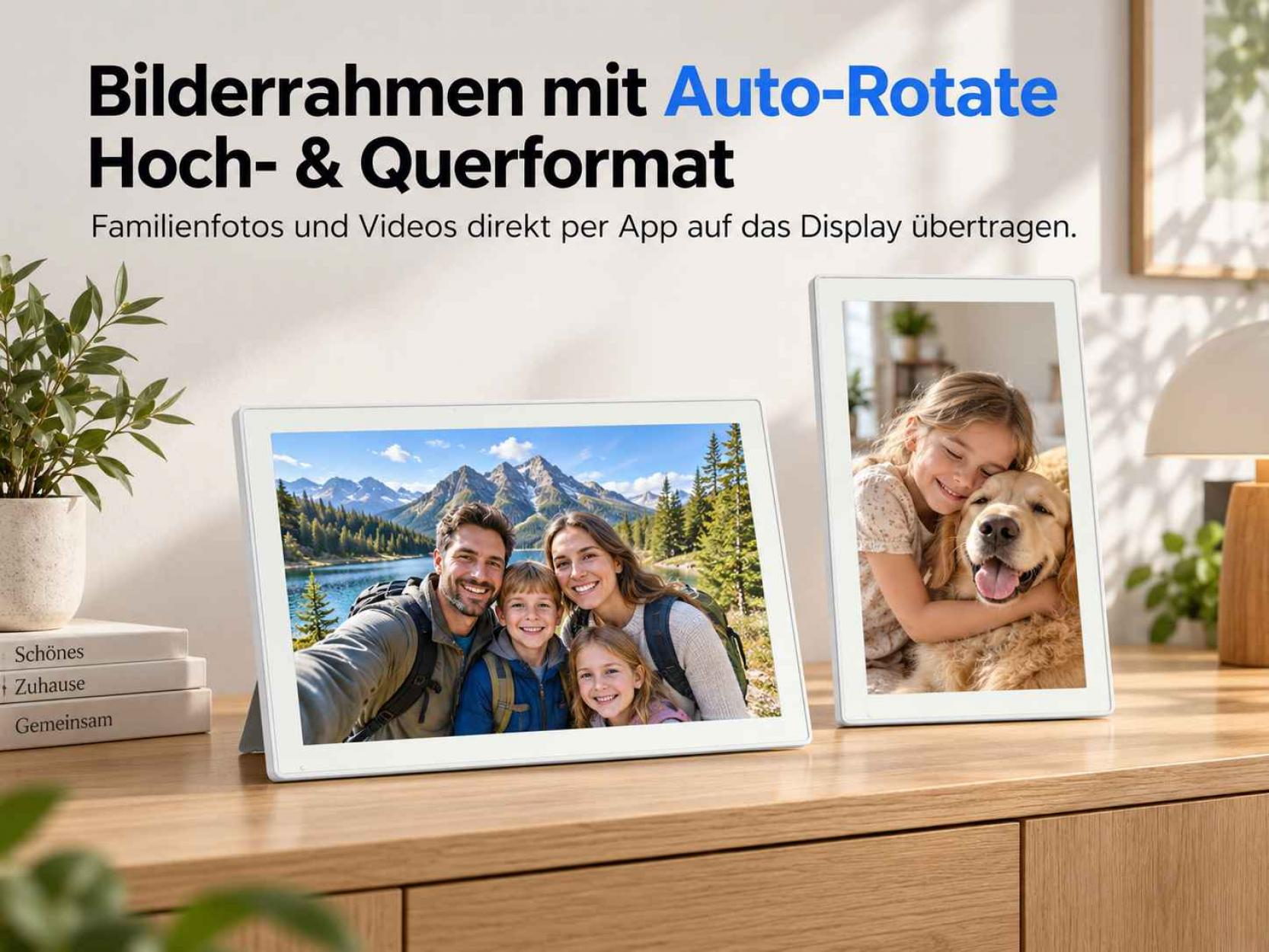 Zwei digitale Bilderrahmen zeigen Familienfotos im Quer- und Hochformat auf einem Holztisch.