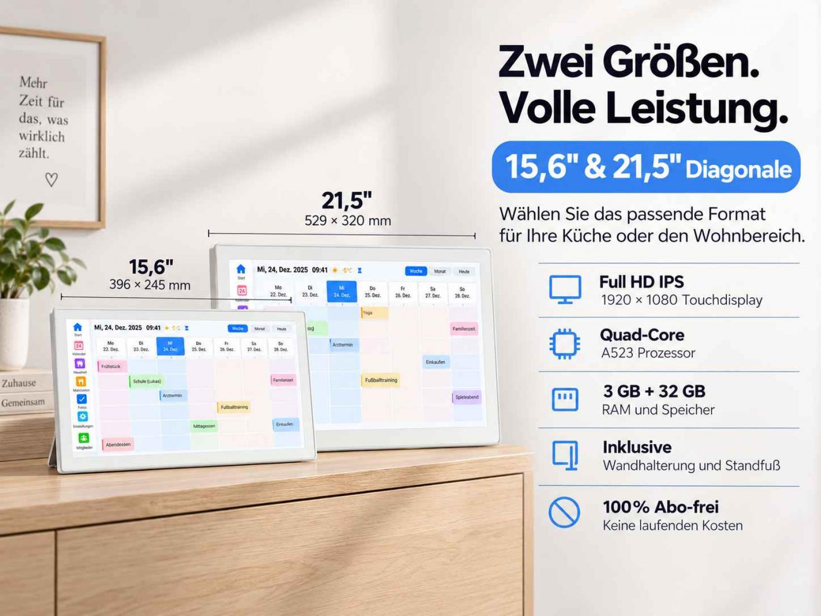 Werbung für zwei Touchdisplays in 15,6 und 21,5 Zoll mit technischen Details wie Full HD und Quad-Core.