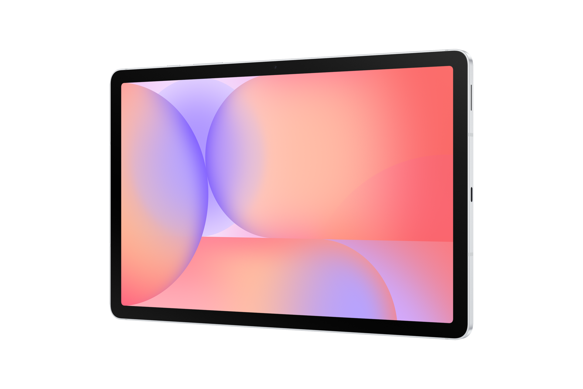Ein silbernes Tablet mit bunten, abstrakten Formen auf dem Bildschirm vor schwarzem Hintergrund.