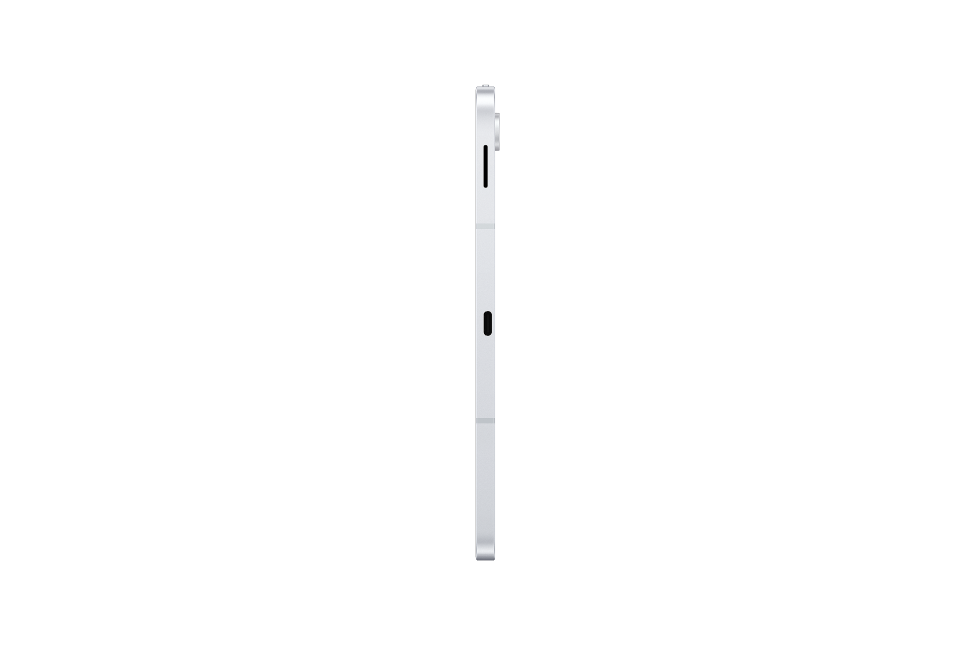 Ein silbernes Tablet von der Seite vor schwarzem Hintergrund, mit schlankem Profil und Tasten.