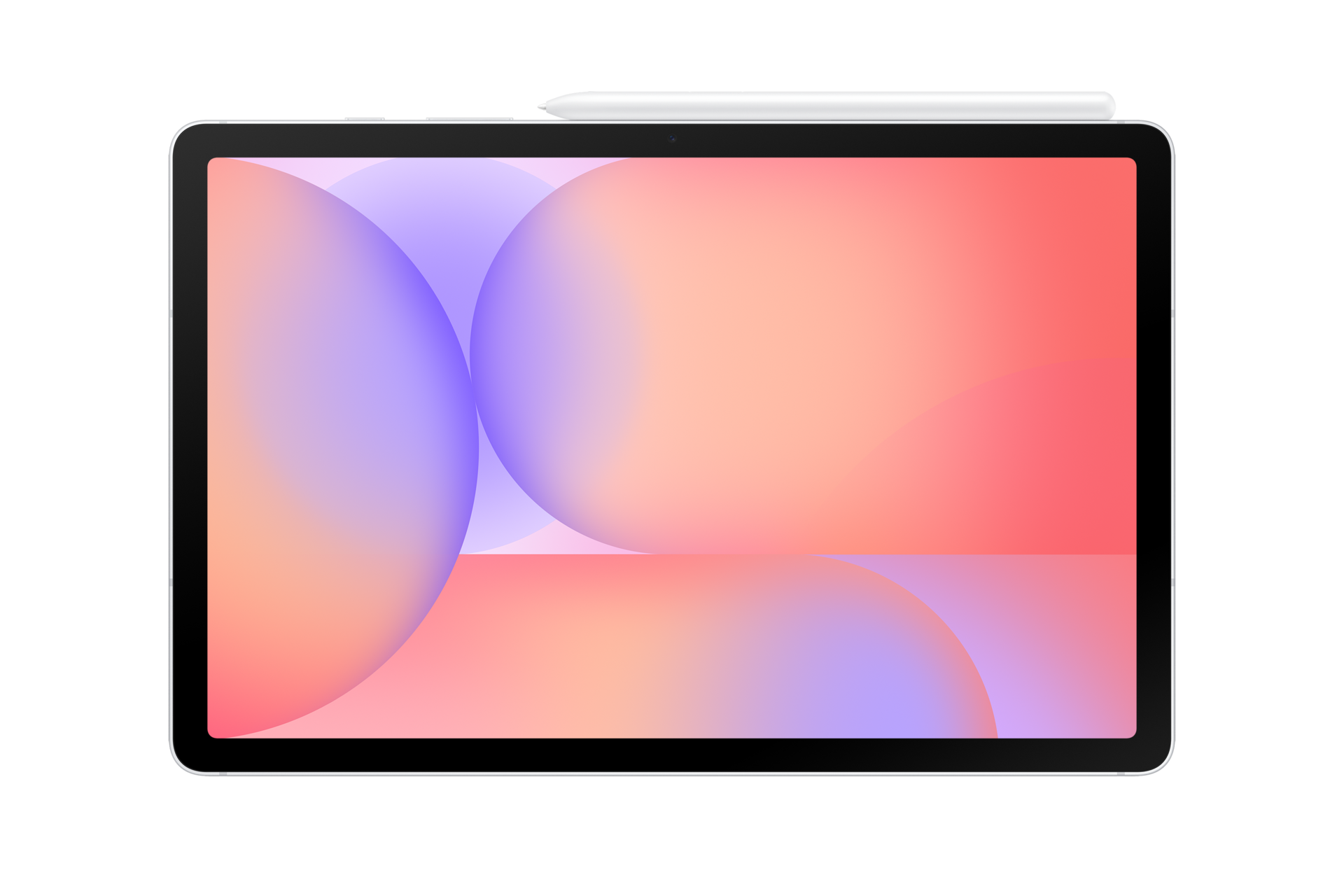 Ein Tablet mit Stift zeigt ein abstraktes, farbenfrohes Hintergrundbild mit rosa und lila Kreisen.