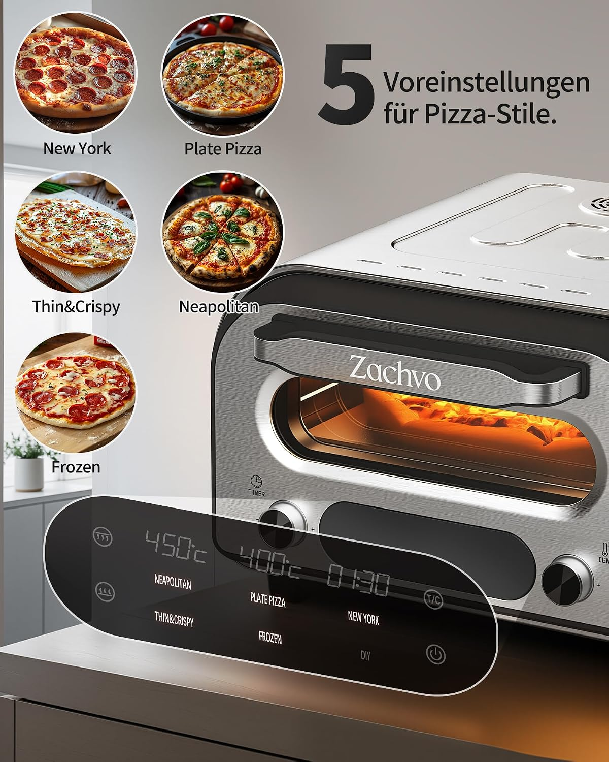 Ein Zachvo Pizzaofen mit fünf Voreinstellungen, digitalem Display und runden Pizzabildern.
