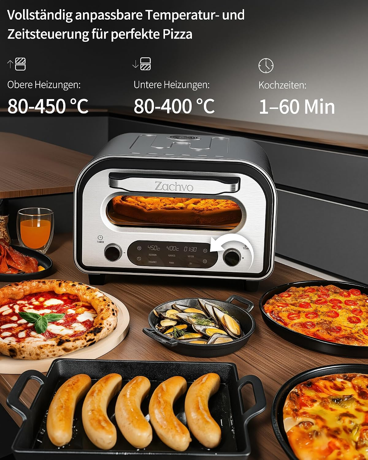 Moderne Pizzaofen-Grafik mit Temperaturangaben, Lebensmitteln und deutscher Beschriftung auf dunklem Hintergrund.