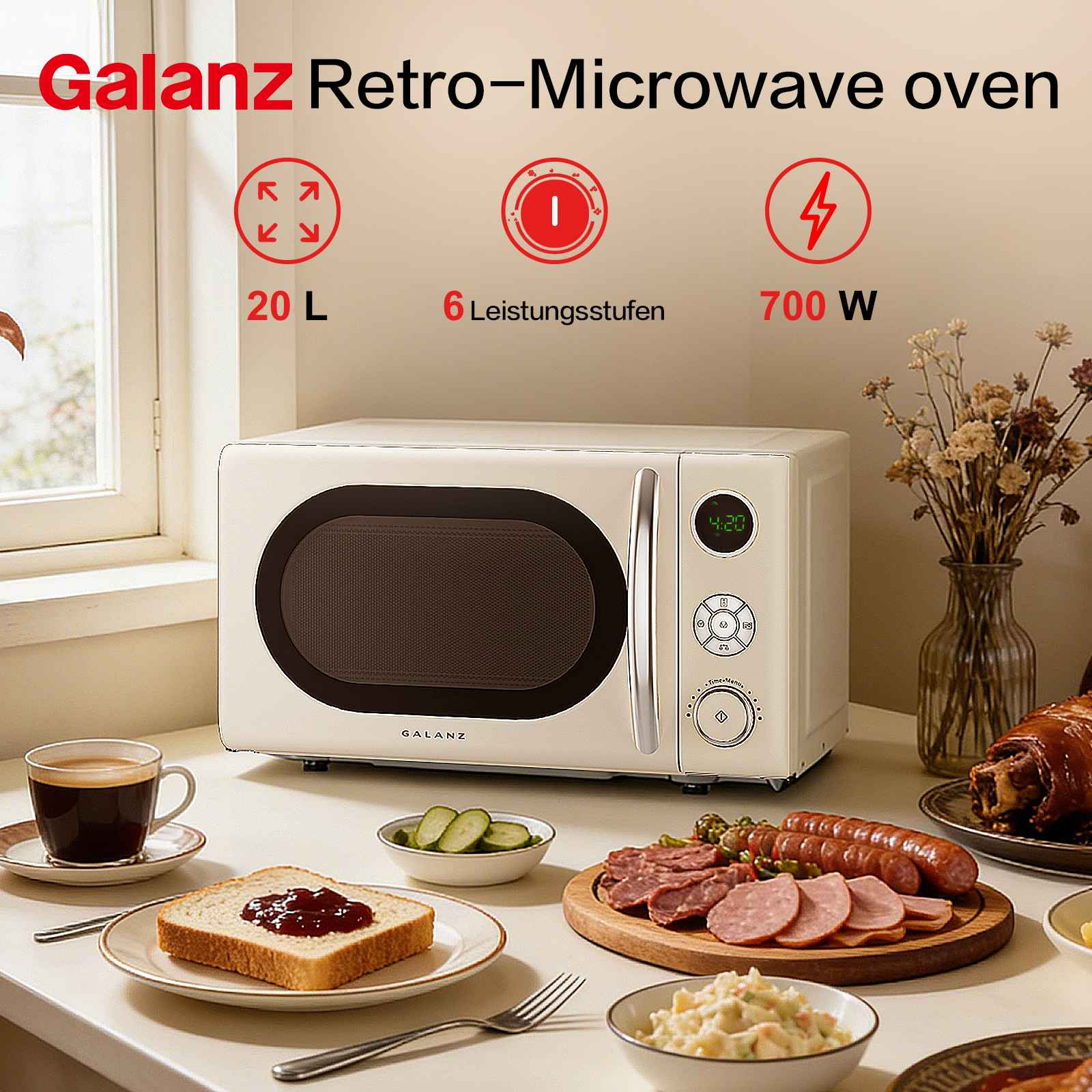 Beige Galanz Retro-Mikrowelle mit 20L, 6 Leistungsstufen und 700W auf einem Tisch mit Lebensmitteln.