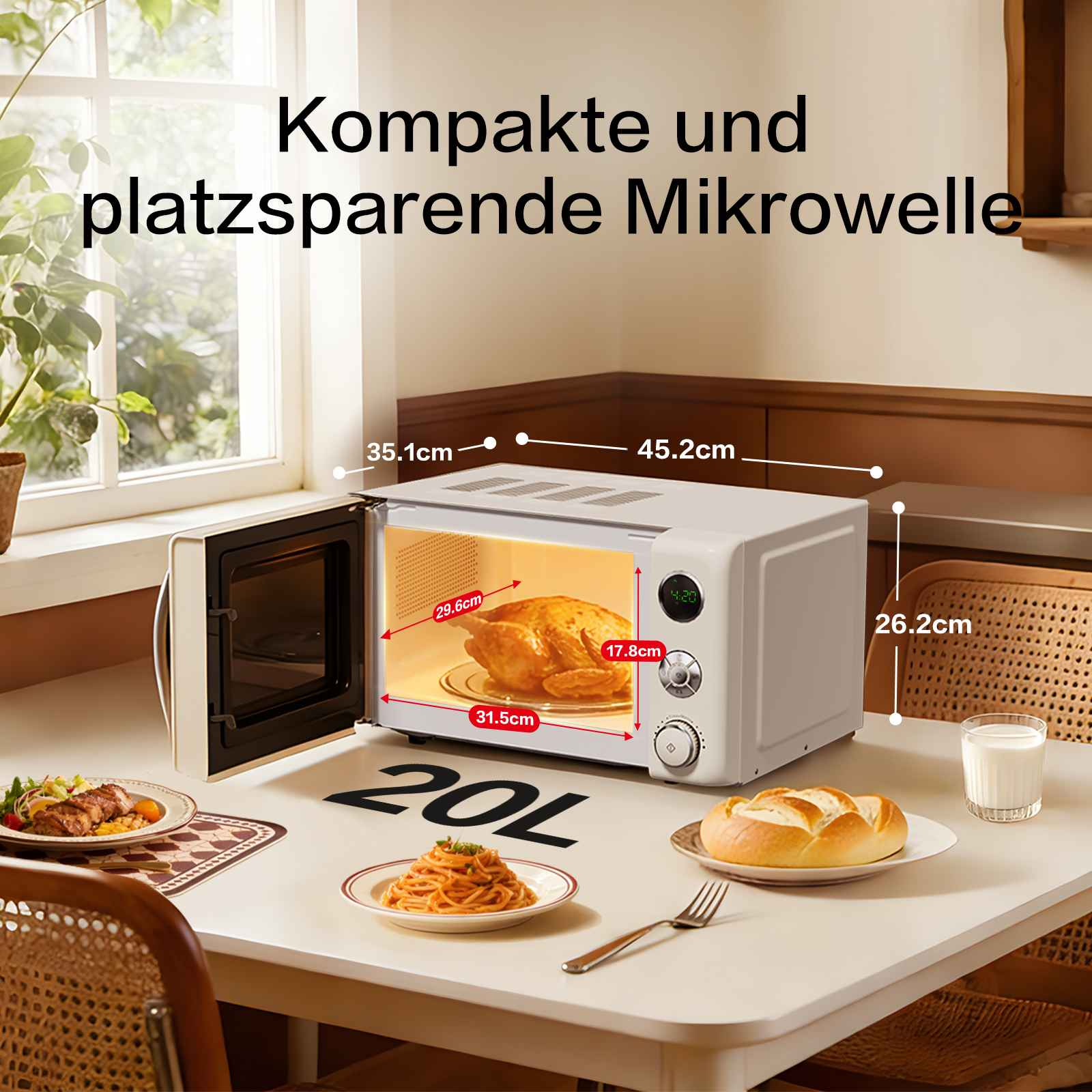 Kompakte weiße Mikrowelle mit Maßen auf einem Tisch mit Lebensmitteln.