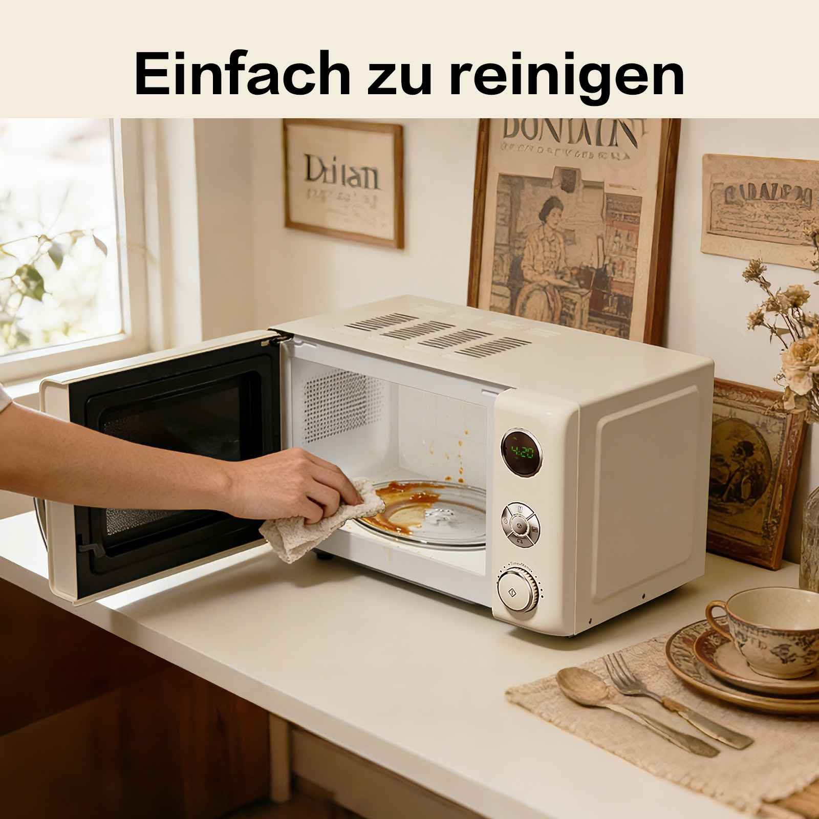 Eine Hand wischt das Innere einer offenen weißen Mikrowelle auf einer Küchentheke aus.