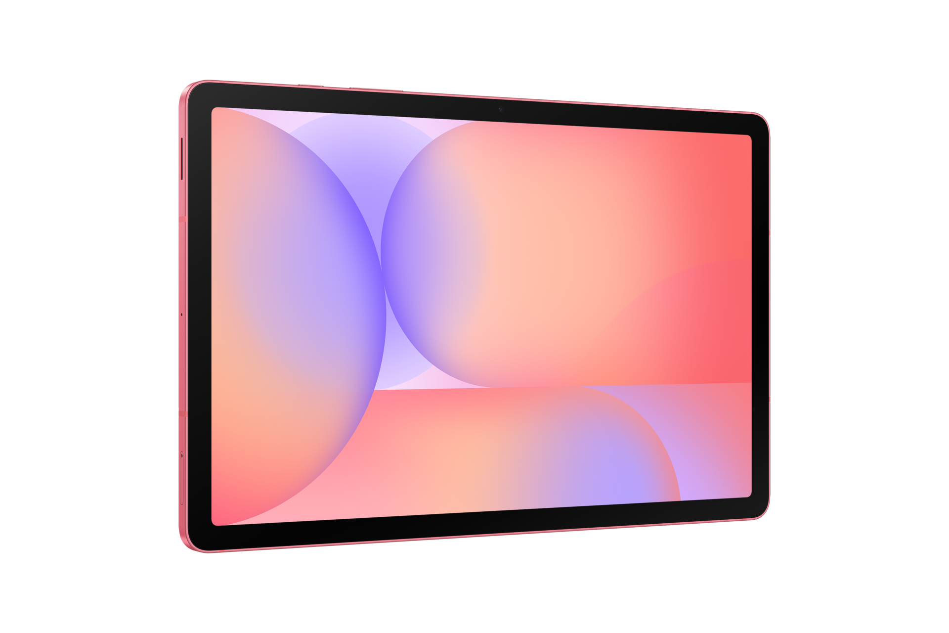 Ein rosafarbenes Tablet zeigt ein farbenfrohes, abstraktes Hintergrundbild auf schwarzem Hintergrund.