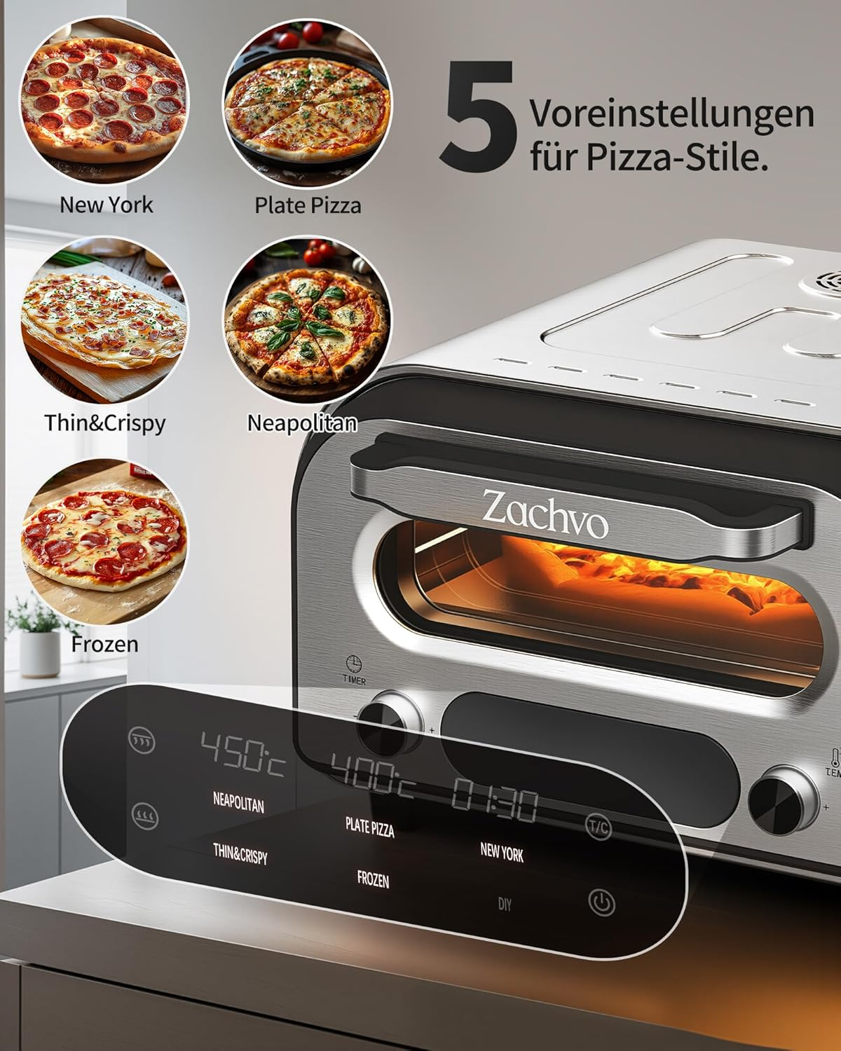 Silberner Pizzaofen mit digitaler Anzeige und fünf Beispielen verschiedener Pizzastile.