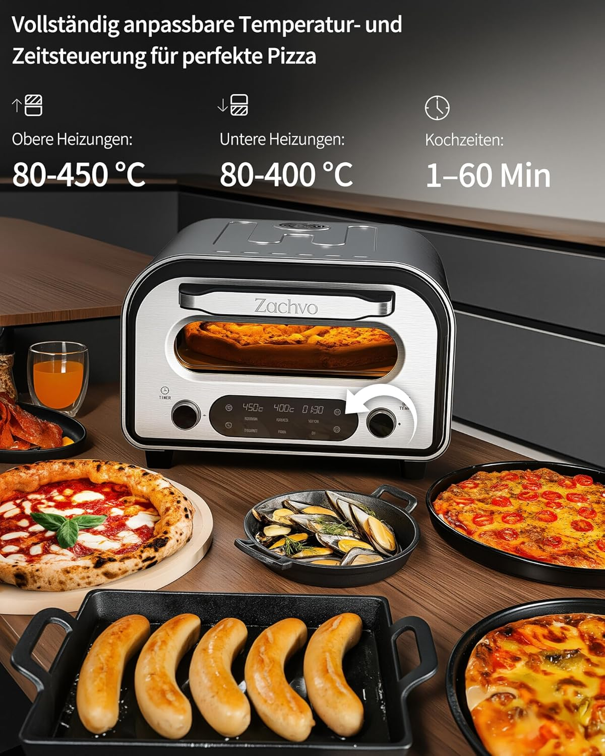 Zachvo-Mini-Ofen mit Pizzas, Muscheln und Würstchen auf einem Holztisch, Textangaben zur Temperatur.