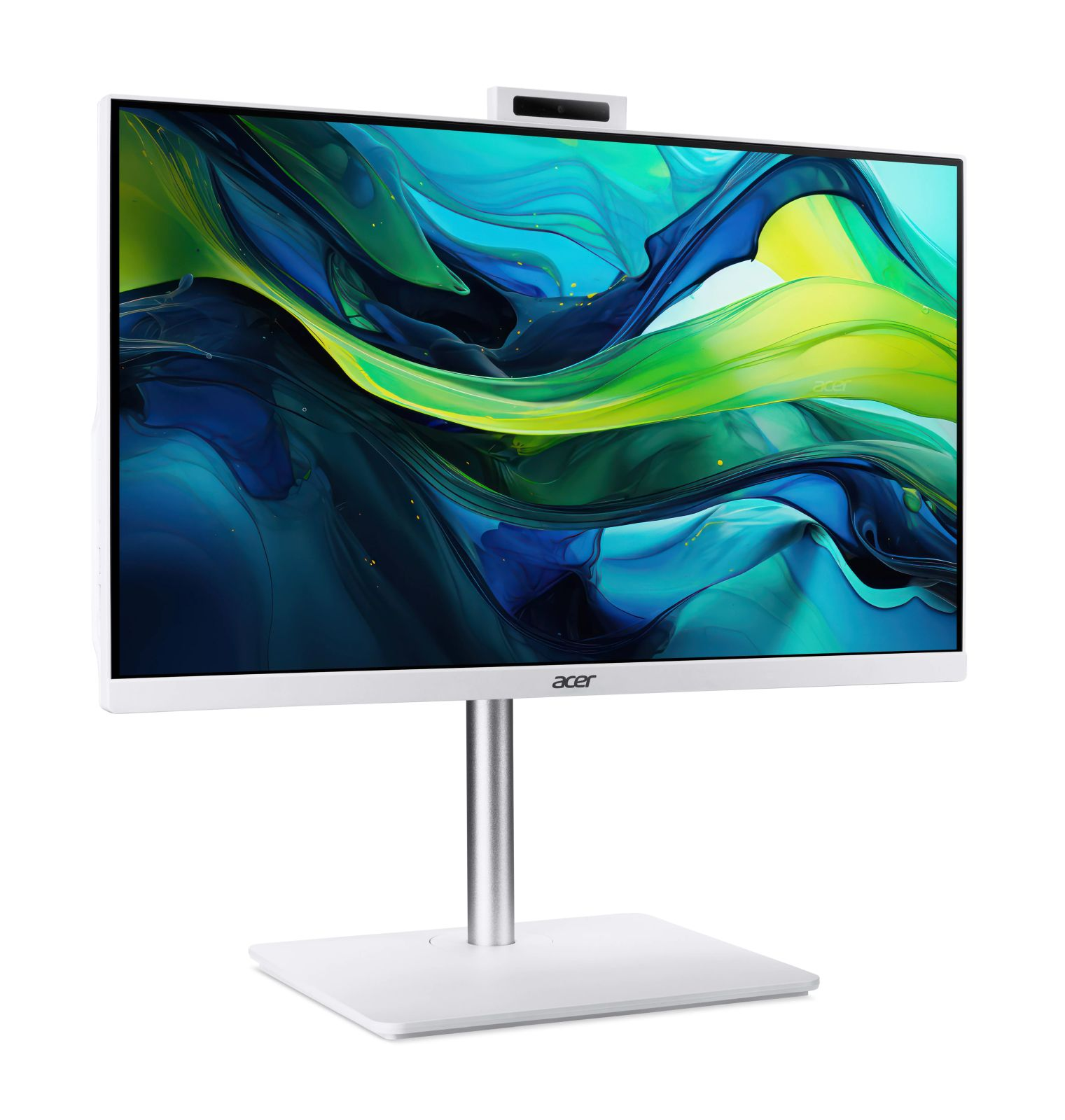 Ein weißer Acer All-in-One-Desktop-Computer mit blau-grünem abstraktem Hintergrundbild vor weißem Hintergrund.